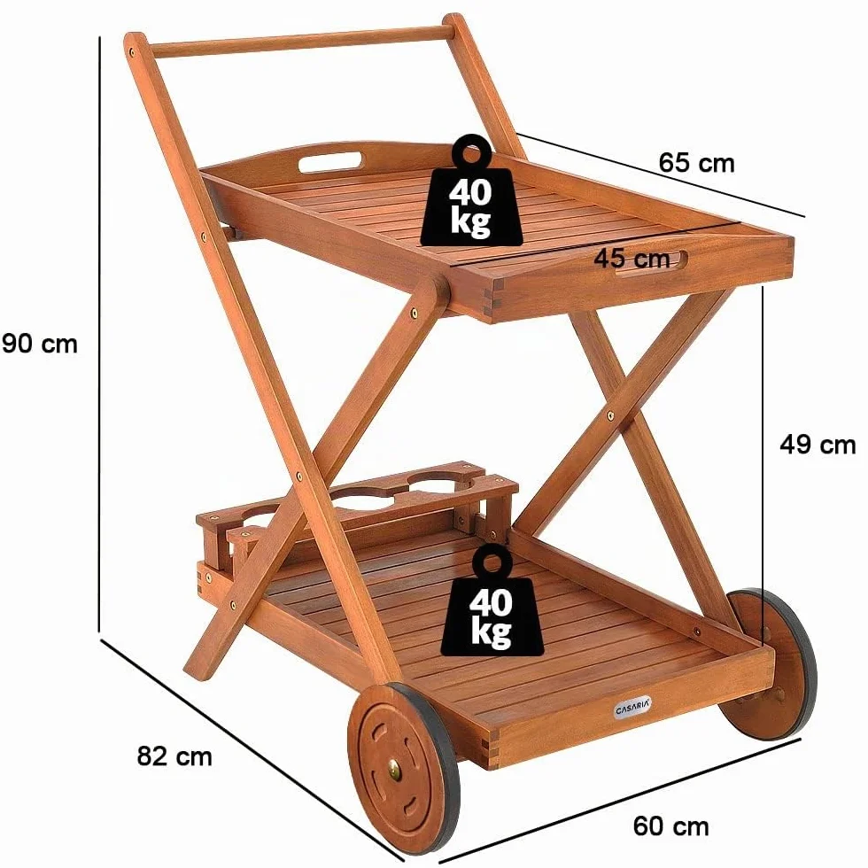CASARIA Desserte à roulettes en Bois d'Acacia Chariot de Service 2 Niveaux 3 Porte Bouteilles