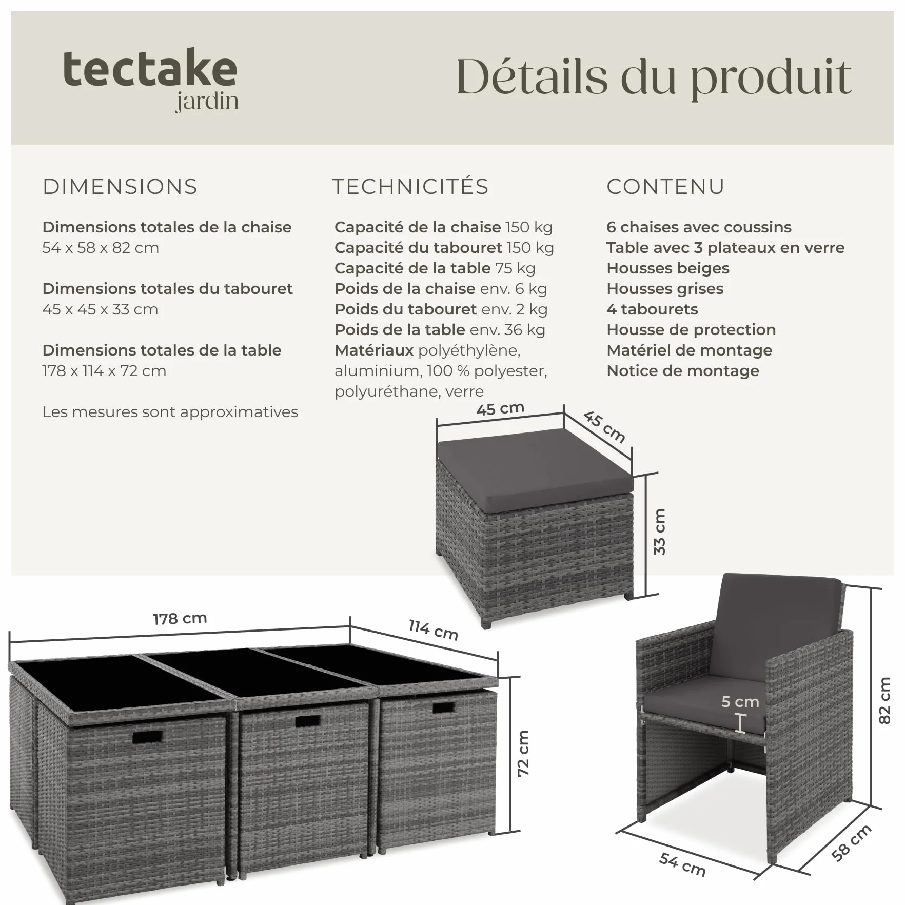 Tectake Salon de Jardin Résine Tressée Poly Rotin Table 10 Personnes Fauteuil Aluminium Encastrable Gris avec Housses