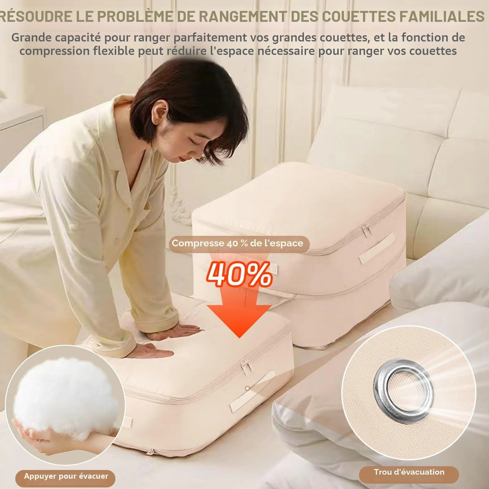 Lot de 2 Organisateur Auto-compression Ultra Peu Encombrants, Sacs de Rangement pour Couettes, Sac de Compression Voyage Empilable, Grand Sac de Rangement Mobiles pour Couvertures(Beige,52x42x60CM)