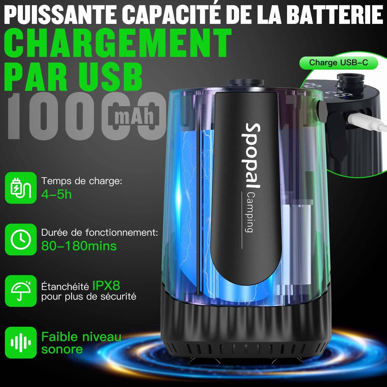 Spopal Camping Douche Portable, [Imperméable] Kit Douche de Camping,Rechargeable,10000mAh, avec Seau Pliable 20L,Afficheur Intelligent et Pomme de Douche 4 Modes pour Extérieure,Camping