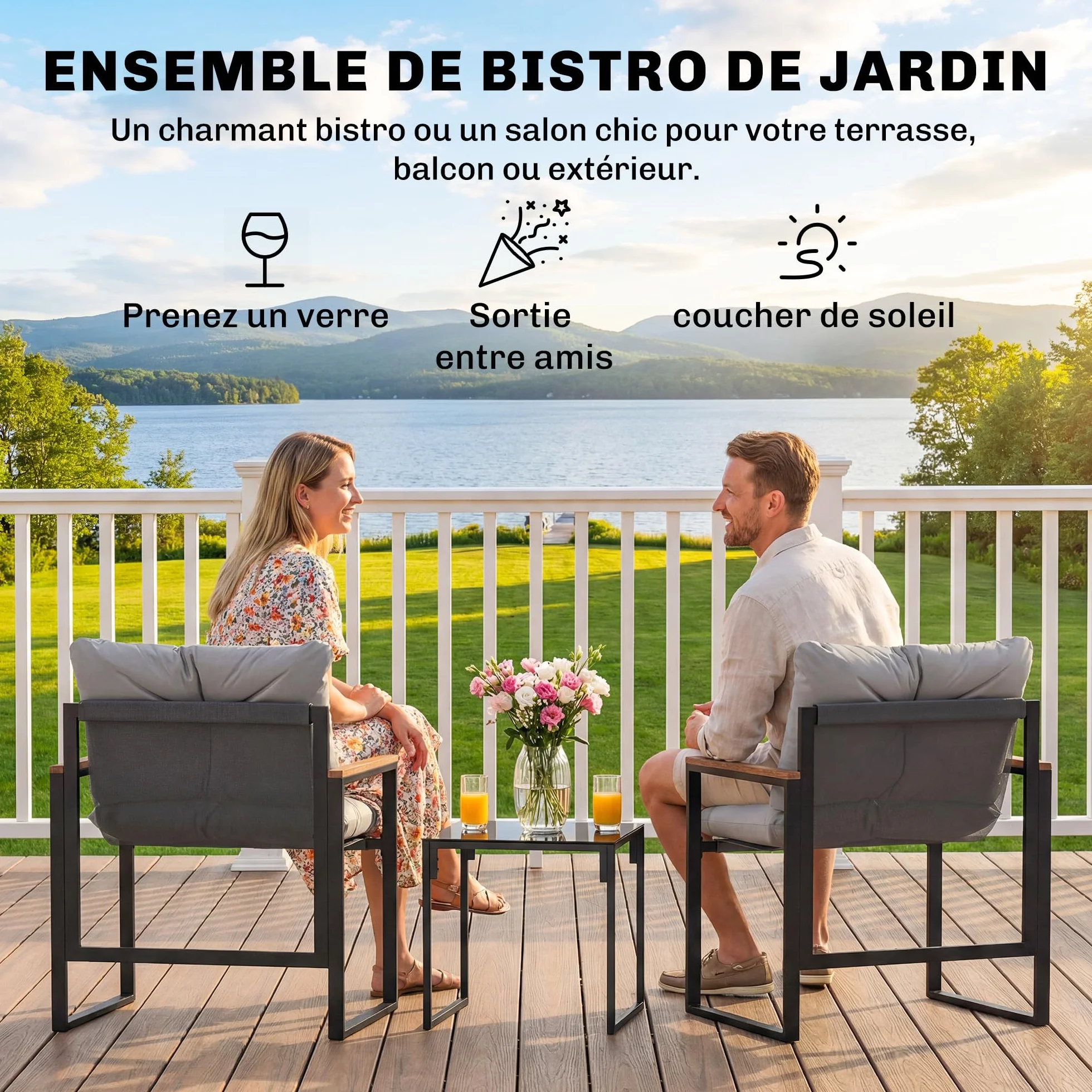 Outsunny Salon de Jardin 3 Pièces 2 Places avec Table Basse Verre trempé Gris