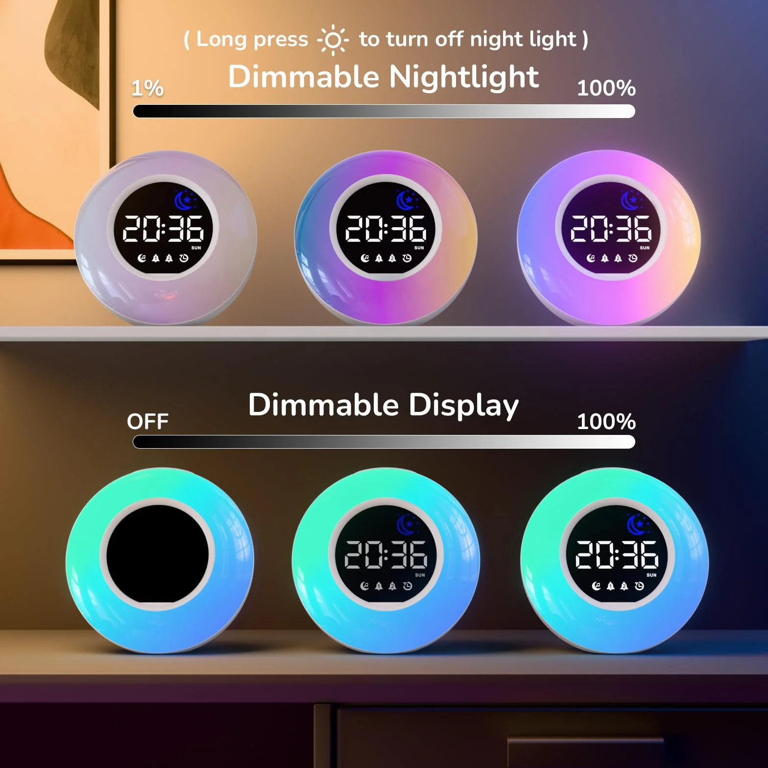 Réveil Enfant Lumineux LED RGB avec Veilleuse, Double Alarme, Minuteur, 12/24H, Adaptateur Inclus