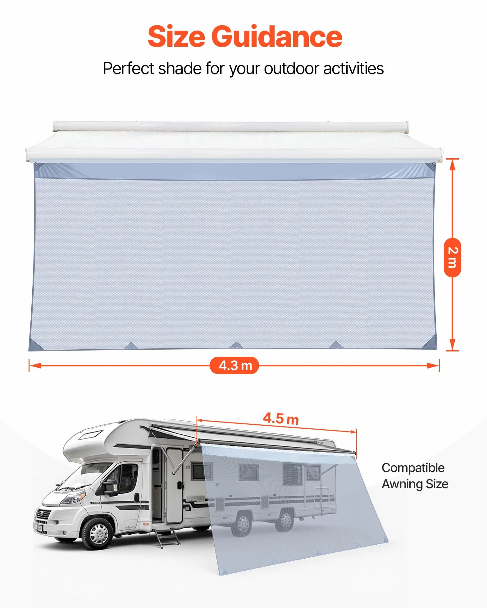 VEVOR Paroi Avant pour Store de Camping-Car de 2x4,3 m, Façade de Store Compatible avec Auvent de 4,5 m, Pare-Soleil pour Caravane Camping Voyage, en Maille Polyester Respirant, Double Couture