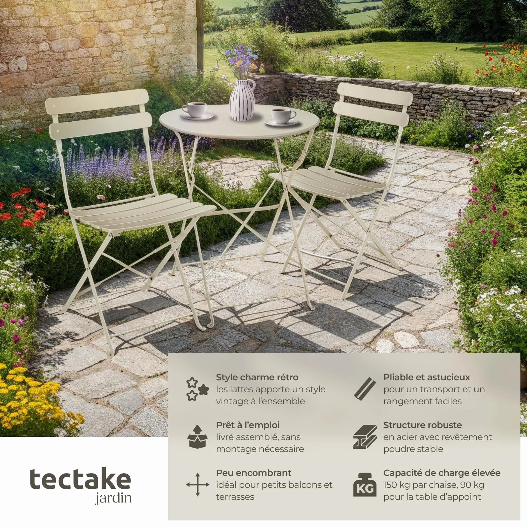 Ensemble Table Ronde et Chaises Pliantes de Jardin Acier Époxy 2 Places