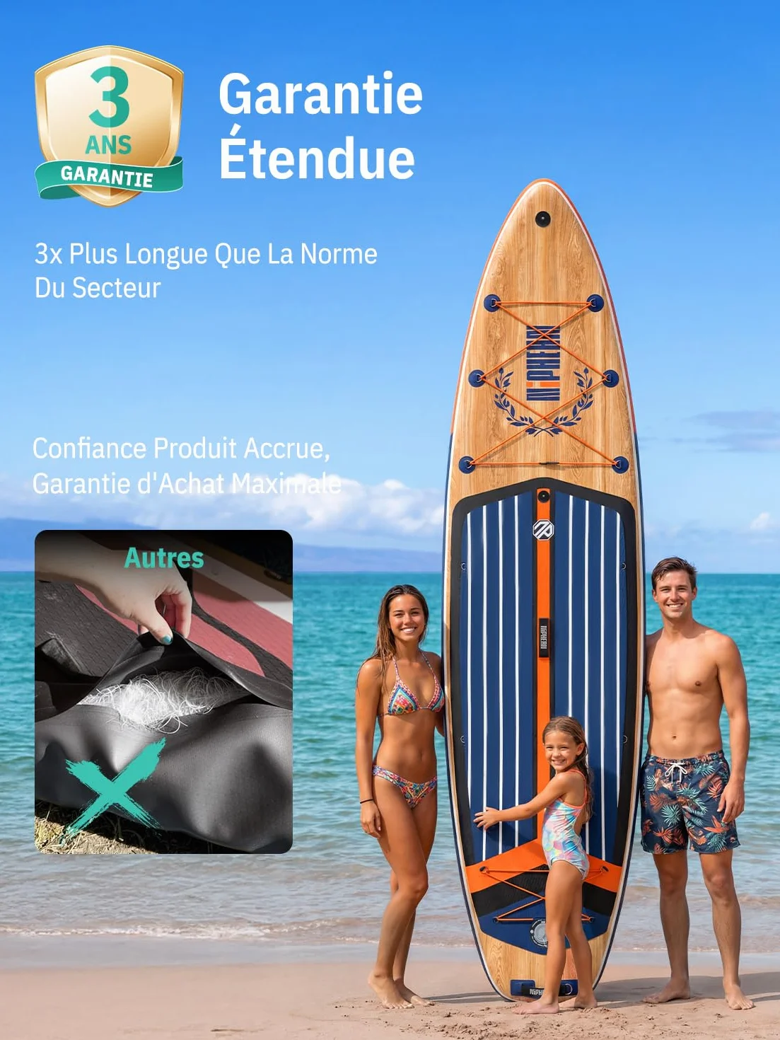 Niphean Extra Large Paddle Gonflable, Sup à 2+1 Personnes/Famille, Planches de Stand Up Paddle Gonflables avec (Idéal Débutant) Aileron Équilibré, Housse Étanche, Paddle Gonflable Adulte, Cadeaux