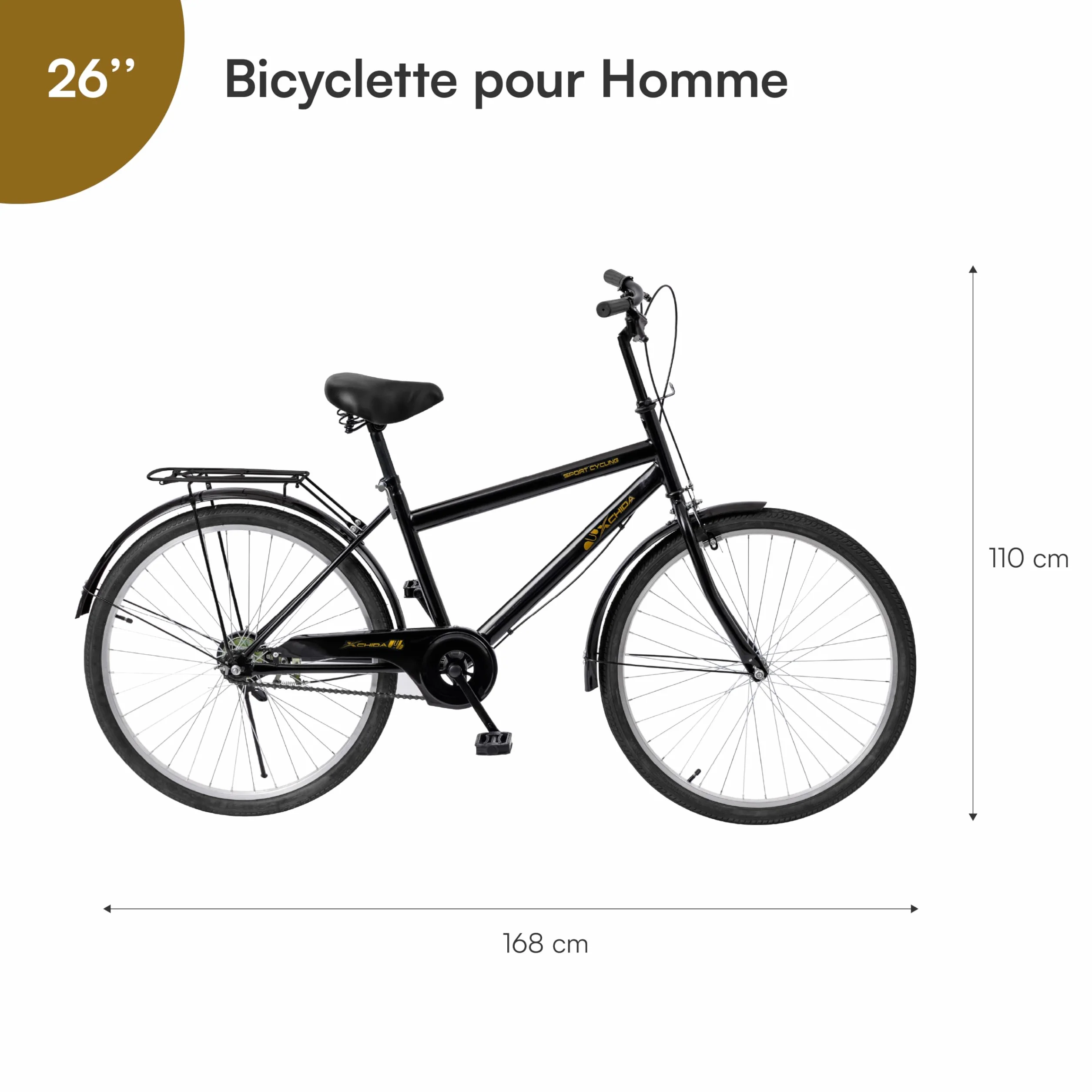 Vélo de ville Baroni Home avec guidon et selle réglable, double frein, noir 168x110 cm