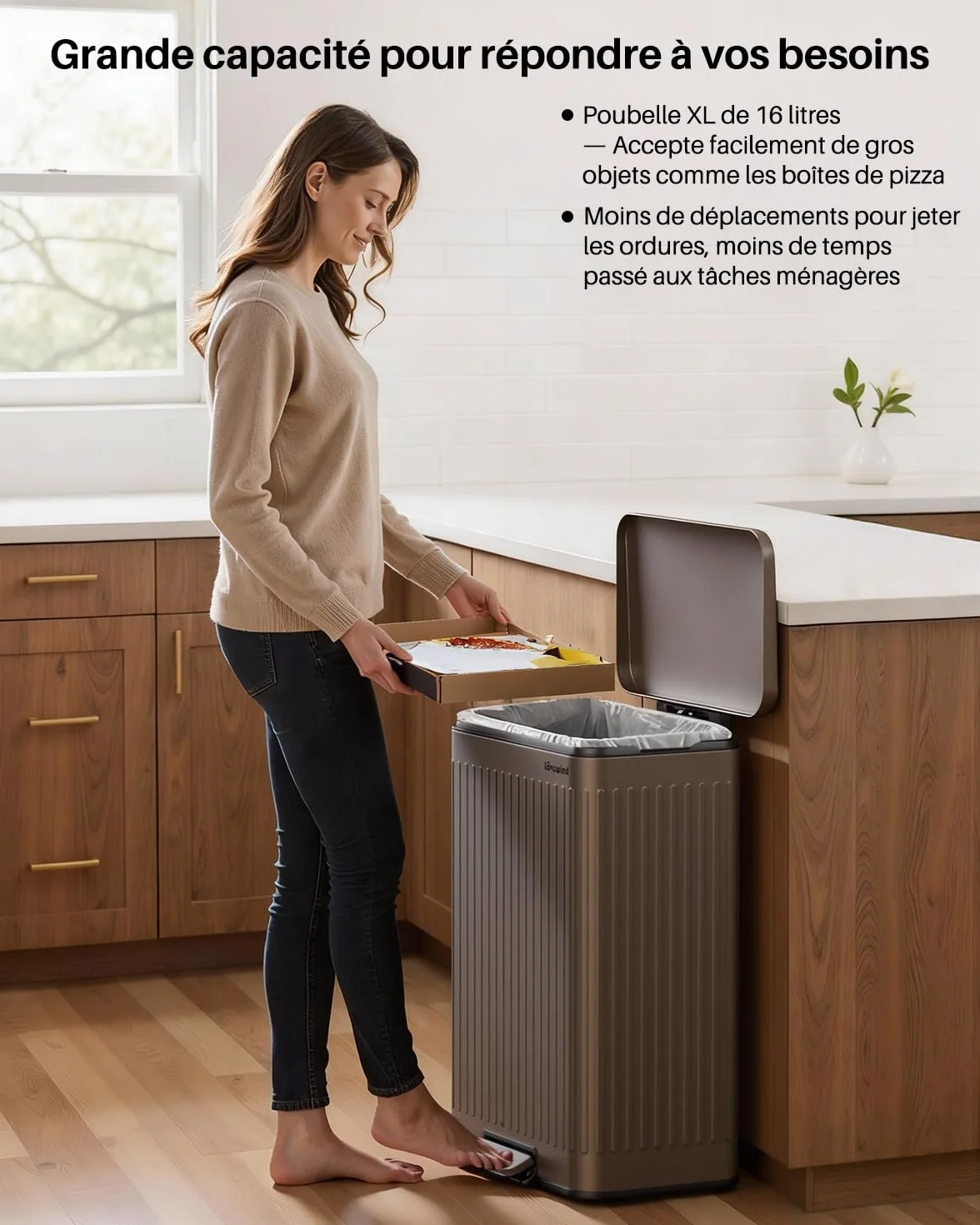 lovewind Poubelle 60L Inox Brun à Pédales, Couvercle Silencieux, Seau Intérieur avec Poignées