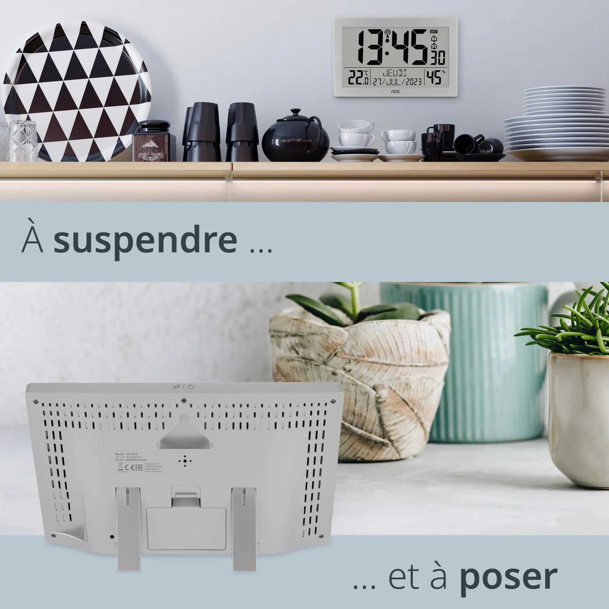 ADE Horloge radiopilotée numérique Grand écran XL avec thermomètre hygromètre réveil argenté