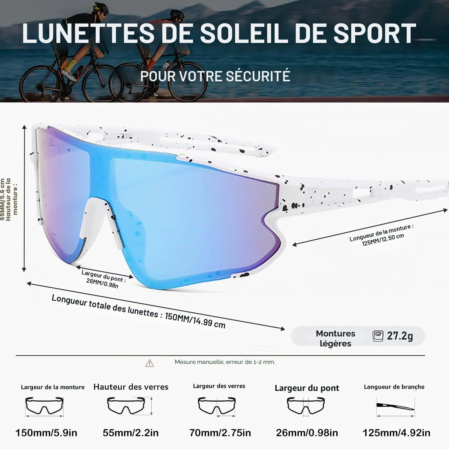 2PCS Soleil de Sport de Plein Air Lunettes Lunettes Velo Lunette de Cyclisme Polarisées Unisexes Coupe-Vent Et Anti-Sable Adapté à des activités telles que la course à pied cyclisme sur route et pêche