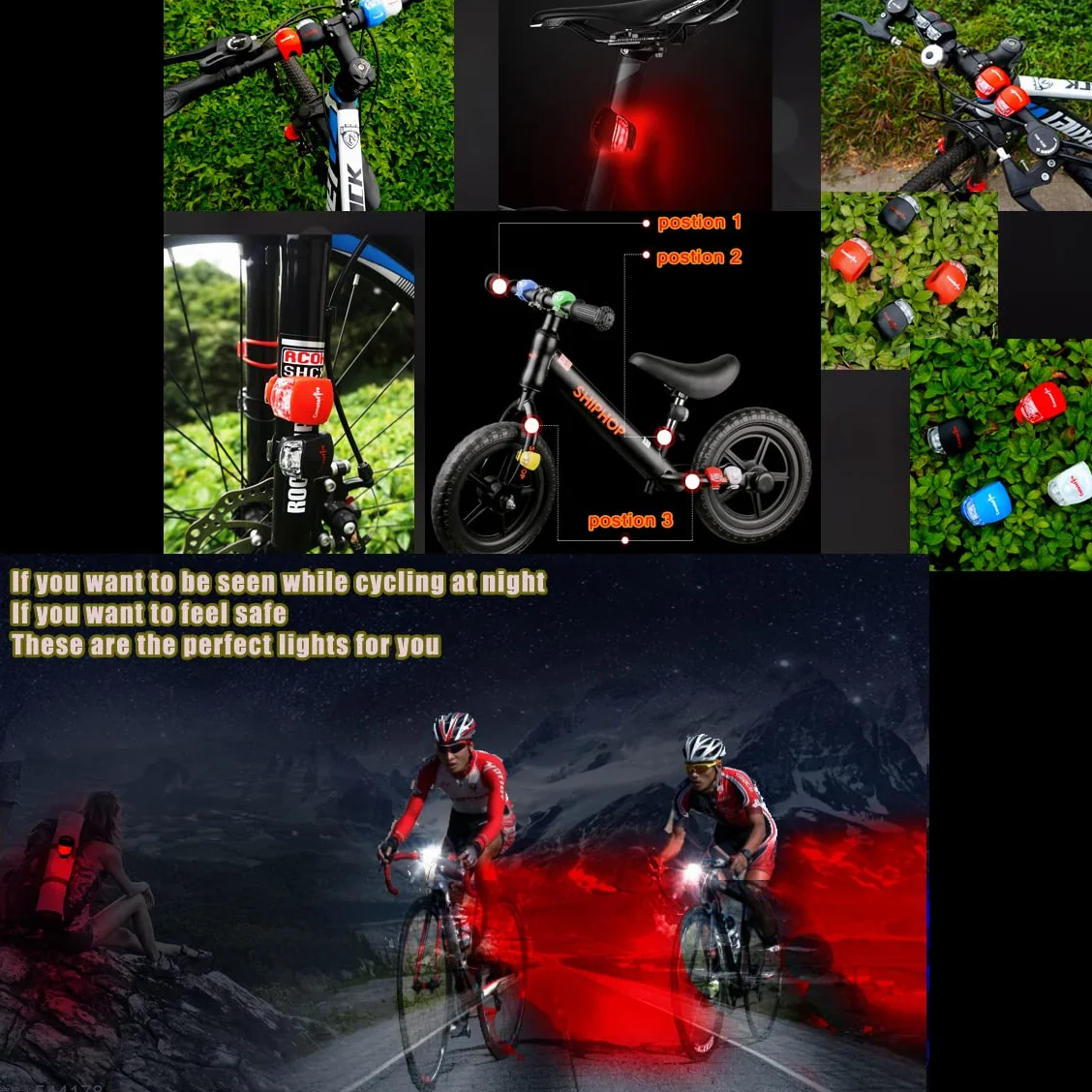 Éclairage Vélo |LED pour Vélo Silicone LED Lumiere Vélo | Lumière Vélo Avant et Arrière | VTT VTC Cycliste (4pcs (2pcs rouge/2pcs Noir))