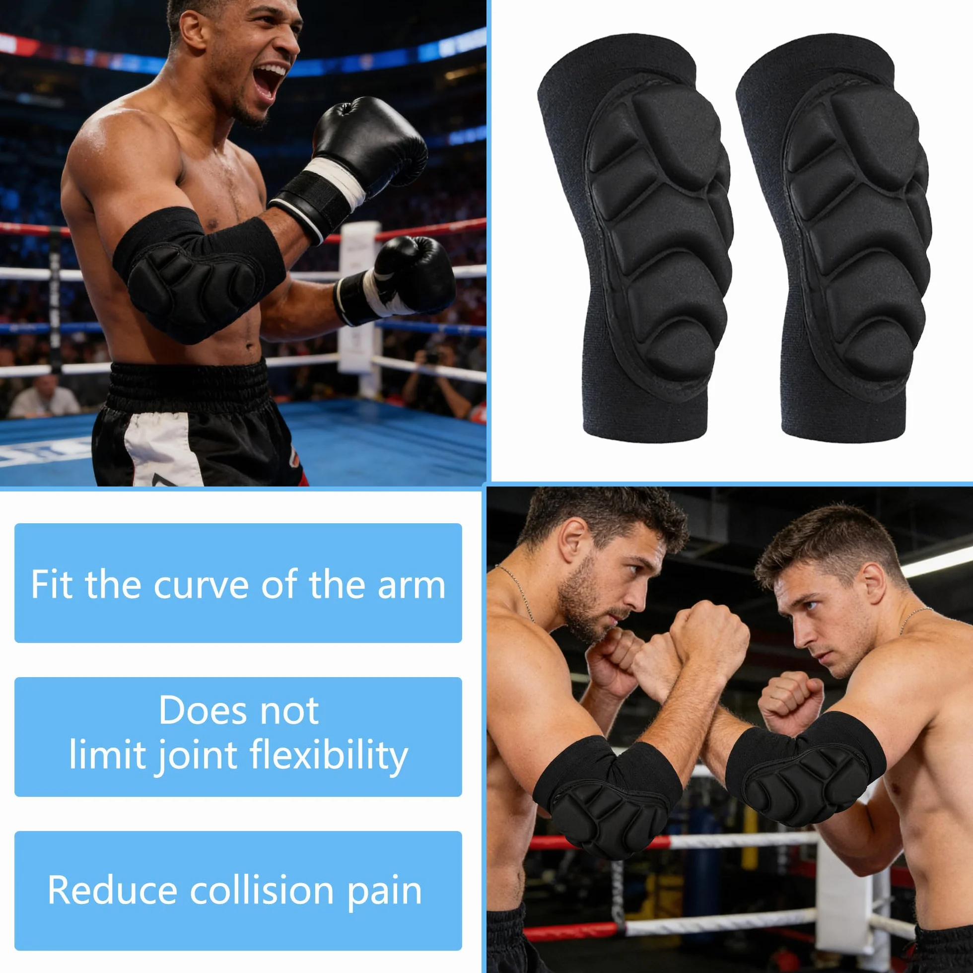 Lot de 2 Coudières de Boxe Muay Thai Protège-Coudes Maintien Stable Coudière Boxe Antichocs avec Mousse EVA Anatomique, Tissu Respirant Élastique, pour MMA, Muay Thai, Taekwondo