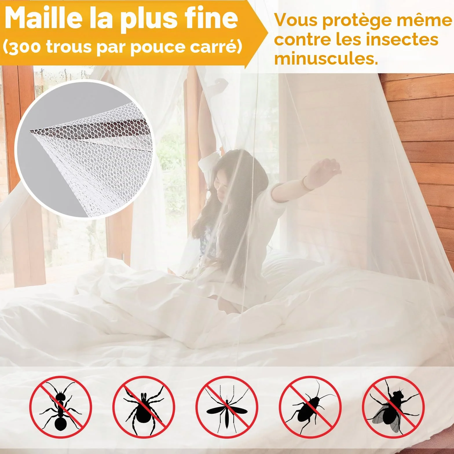 Twinkle Star Moustiquaire de voyage avec sac de voyage, corde de suspension, design ouvert, 2,2 m de haut, 12 m de circonférence, double lit simple, extérieur