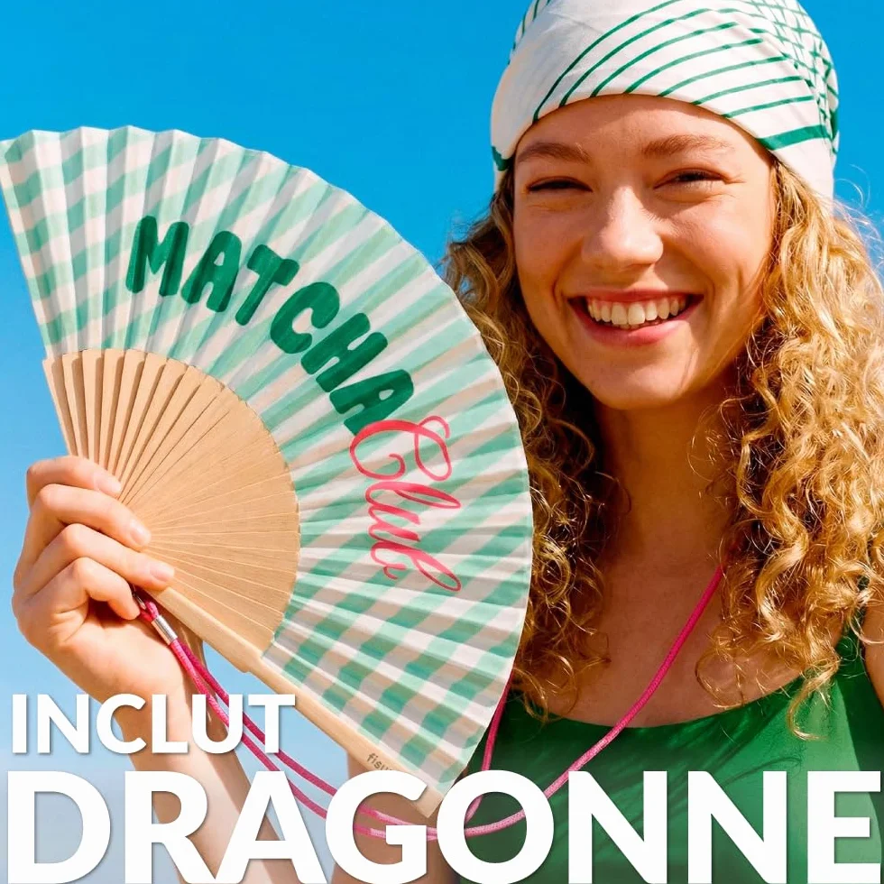 Éventail en Bois Matcha Club Vert à Rayures 42,5 x 23 cm avec Dragonne