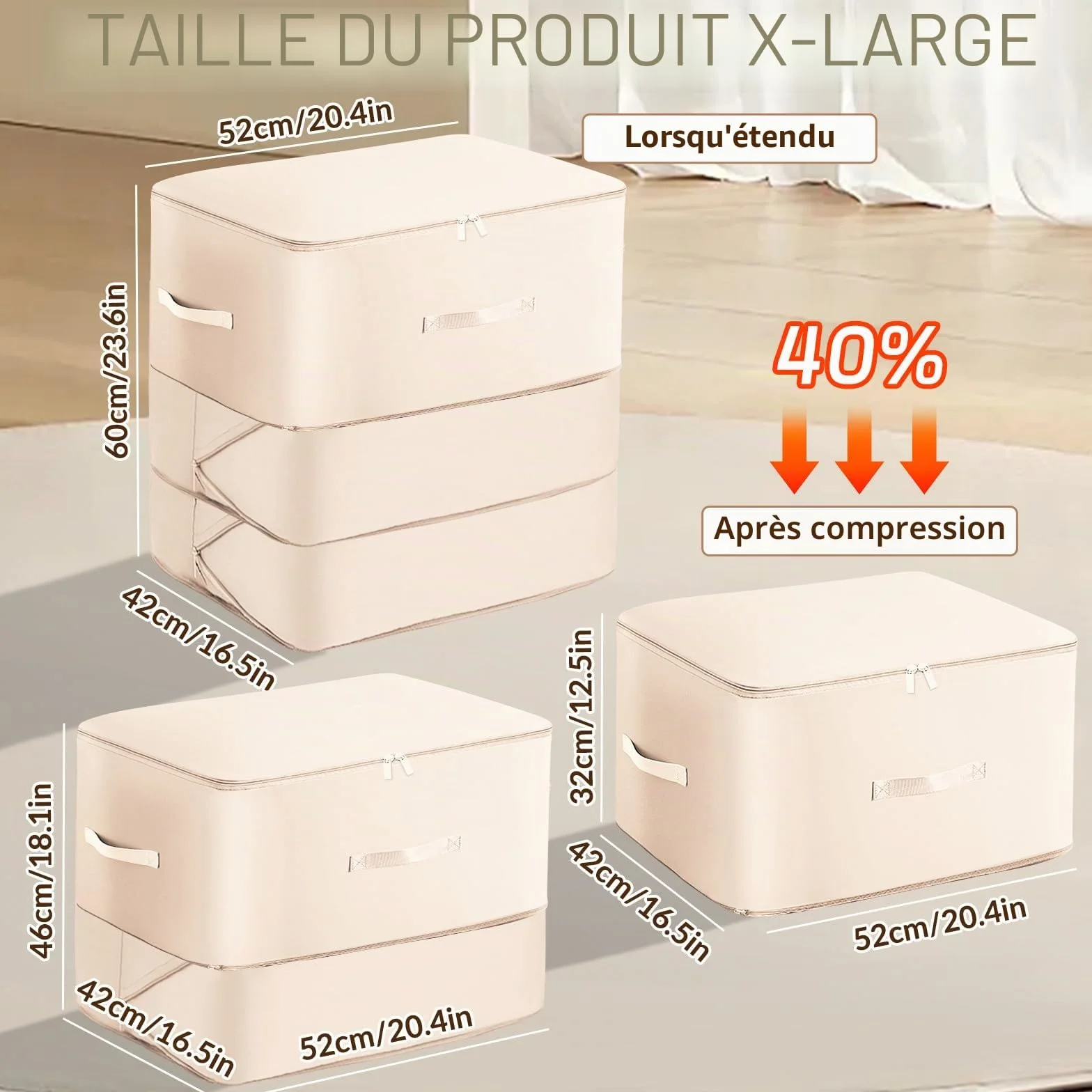Lot de 2 Organisateur Auto-compression Ultra Peu Encombrants, Sacs de Rangement pour Couettes, Sac de Compression Voyage Empilable, Grand Sac de Rangement Mobiles pour Couvertures(Beige,52x42x60CM)