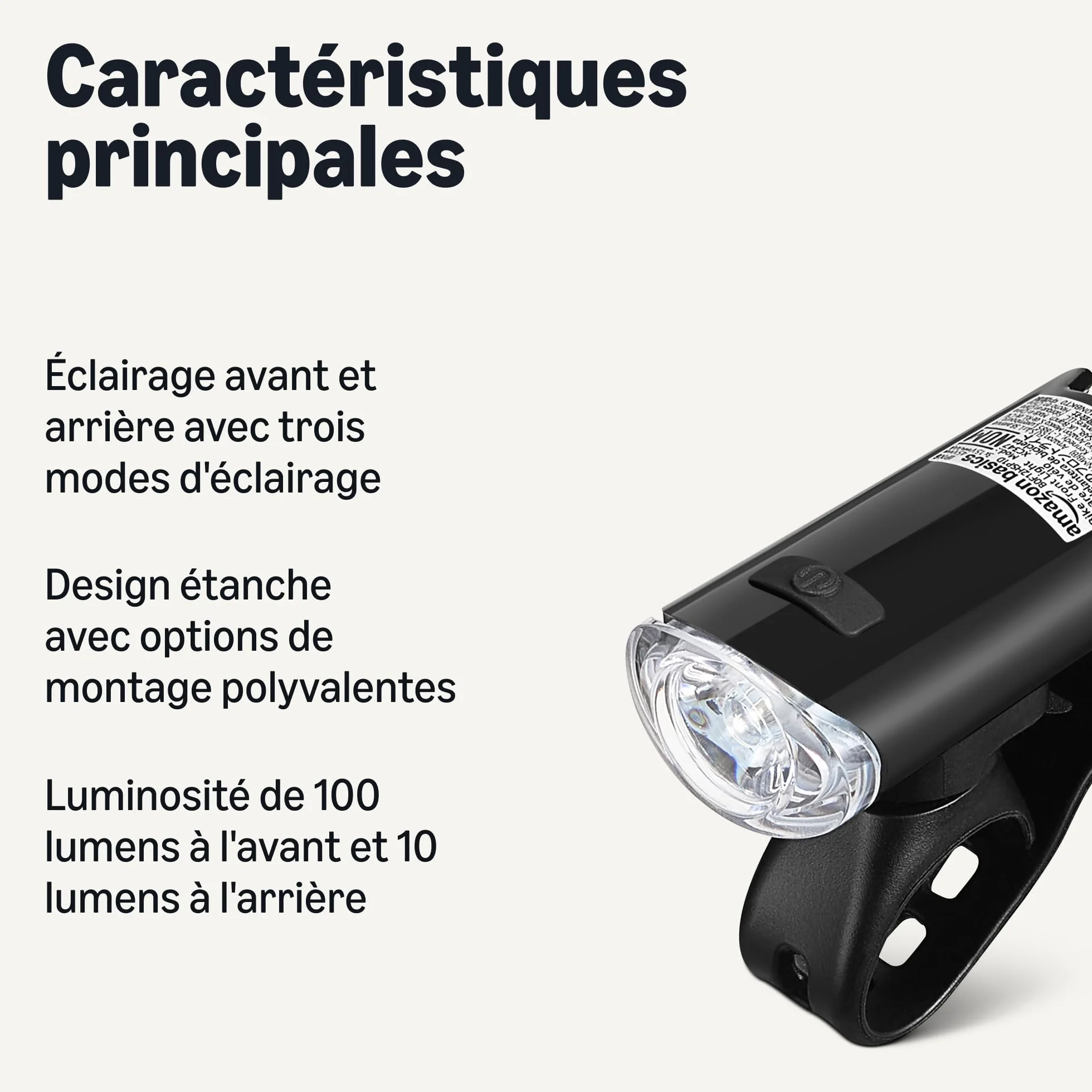 Amazon Basics Set d'Éclairage Vélo LED avec Phare 100 Lumens et Feu Arrière 10 Lumens - Lampes de Vélo Étanches à 3 Modes avec Supports - Piles Incluses - Noir et Rouge