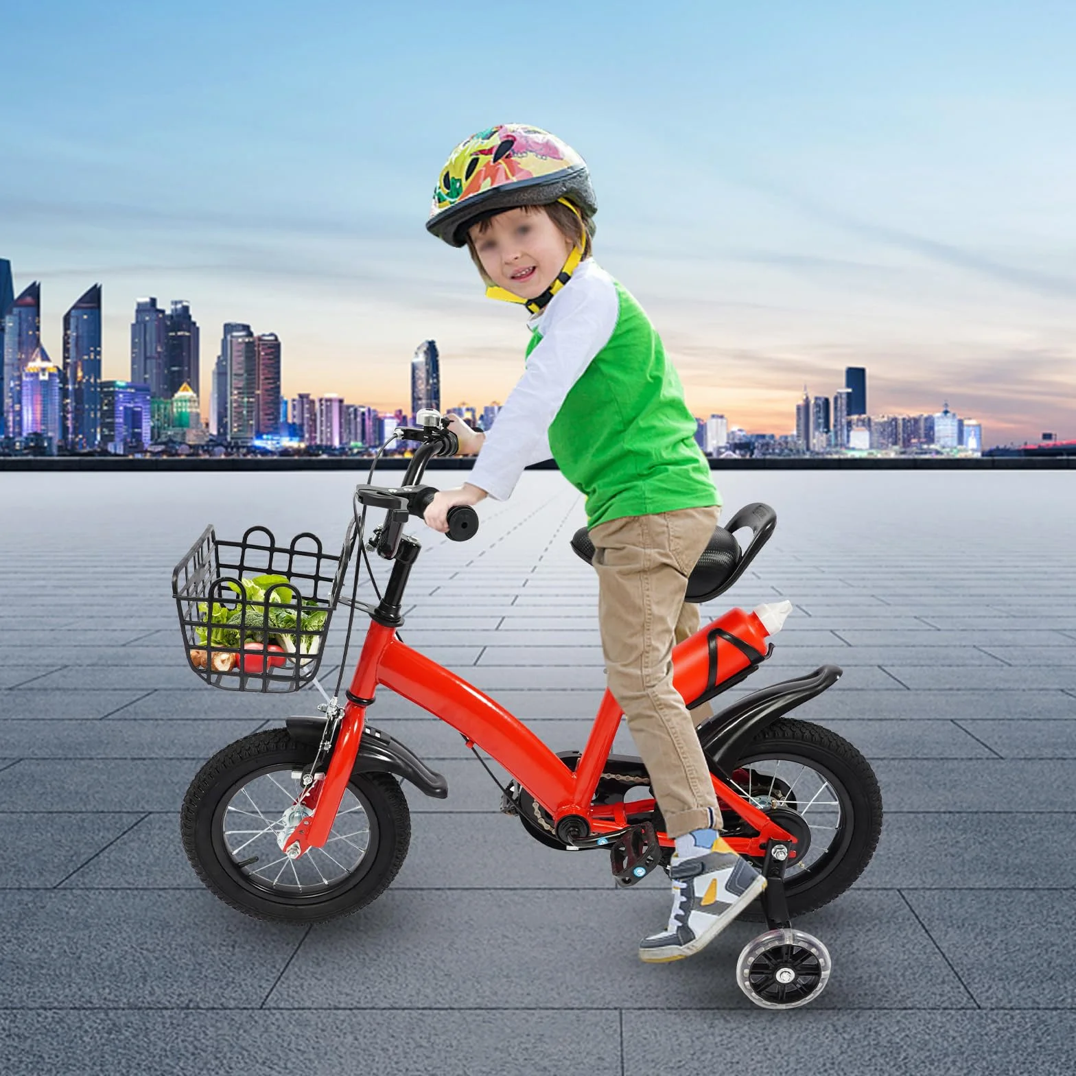 Vélo pour enfant 12" avec roues stabilisatrices, panier et bouteille d'eau