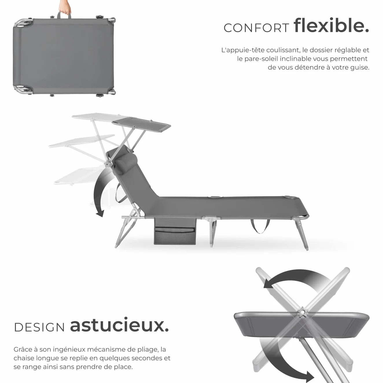 tectake Chaise Longue Pliante Bain de Soleil Jardin Exterieur avec Pare Soleil Appuie-tête Pochette