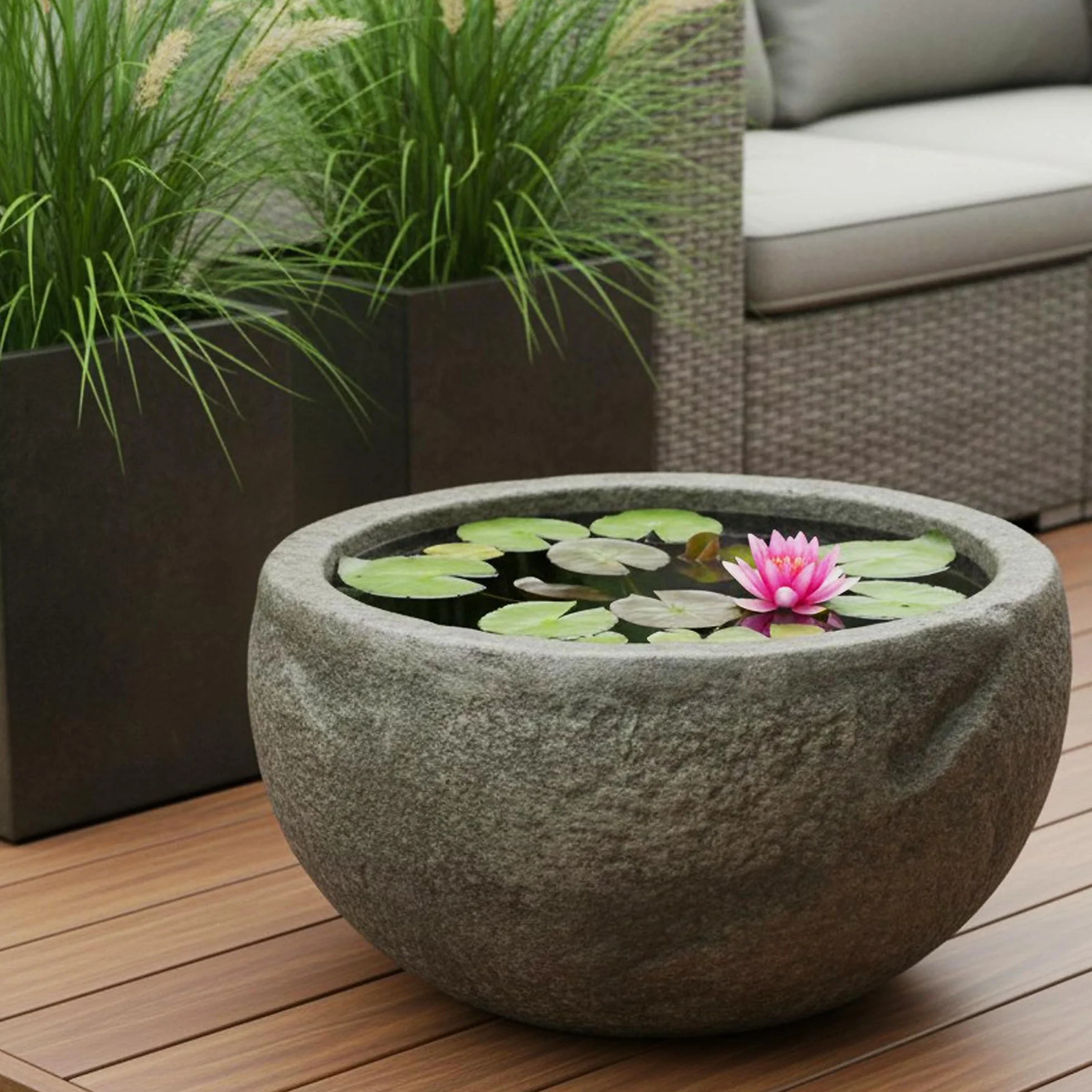 Arnusa Petit bassin rond 50 cm polyrésine aspect pierre - Mini étang décoratif jardin terrasse
