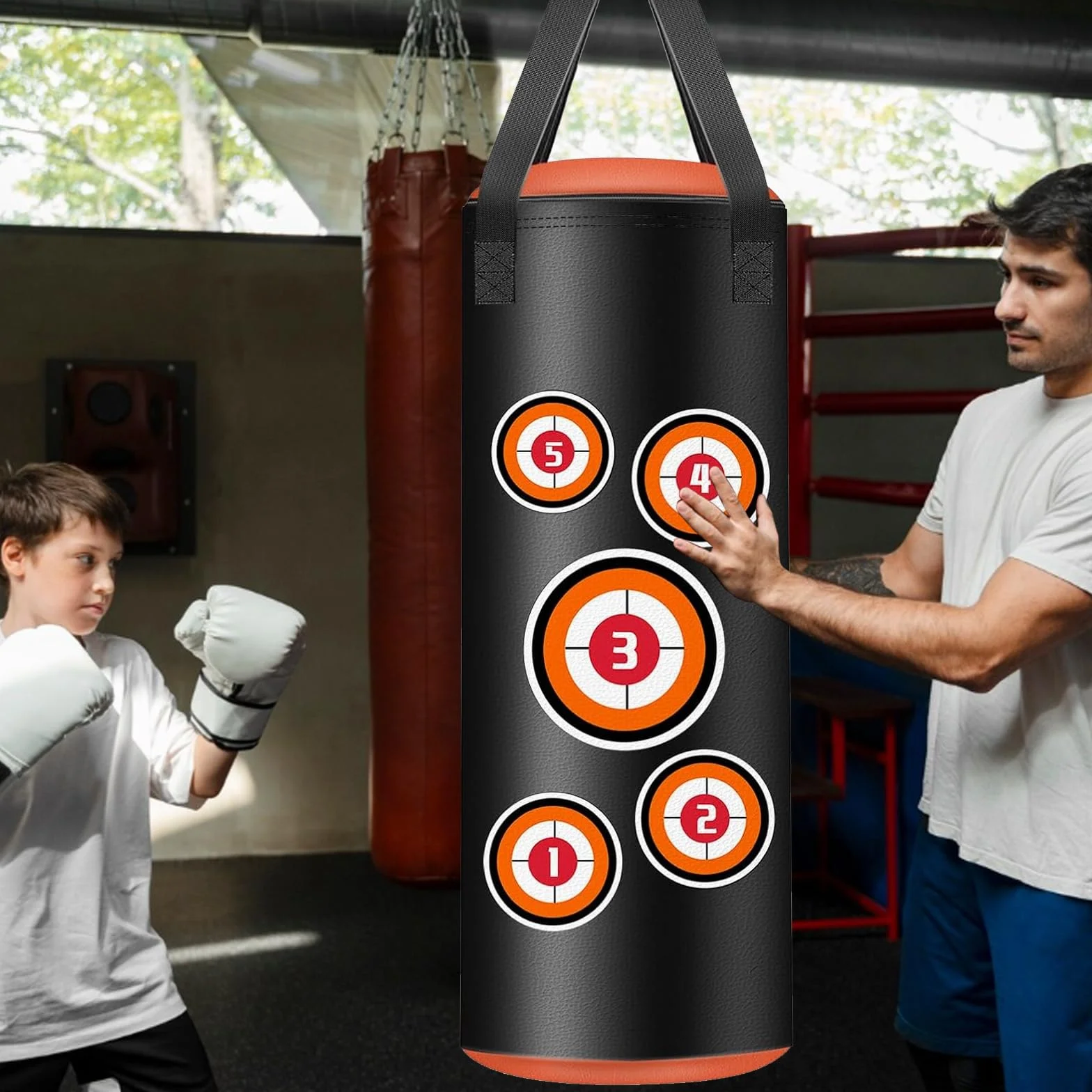 Sac de Frappe Enfant, Set de Sacs de Boxe Suspendus avec Gants, Chaînes et Crochets de Fixation, Sac de Frappe en Cuir Microfibre pour l'entraînement Kickboxing Fitness MMA Grappling Muay Thai Karaté