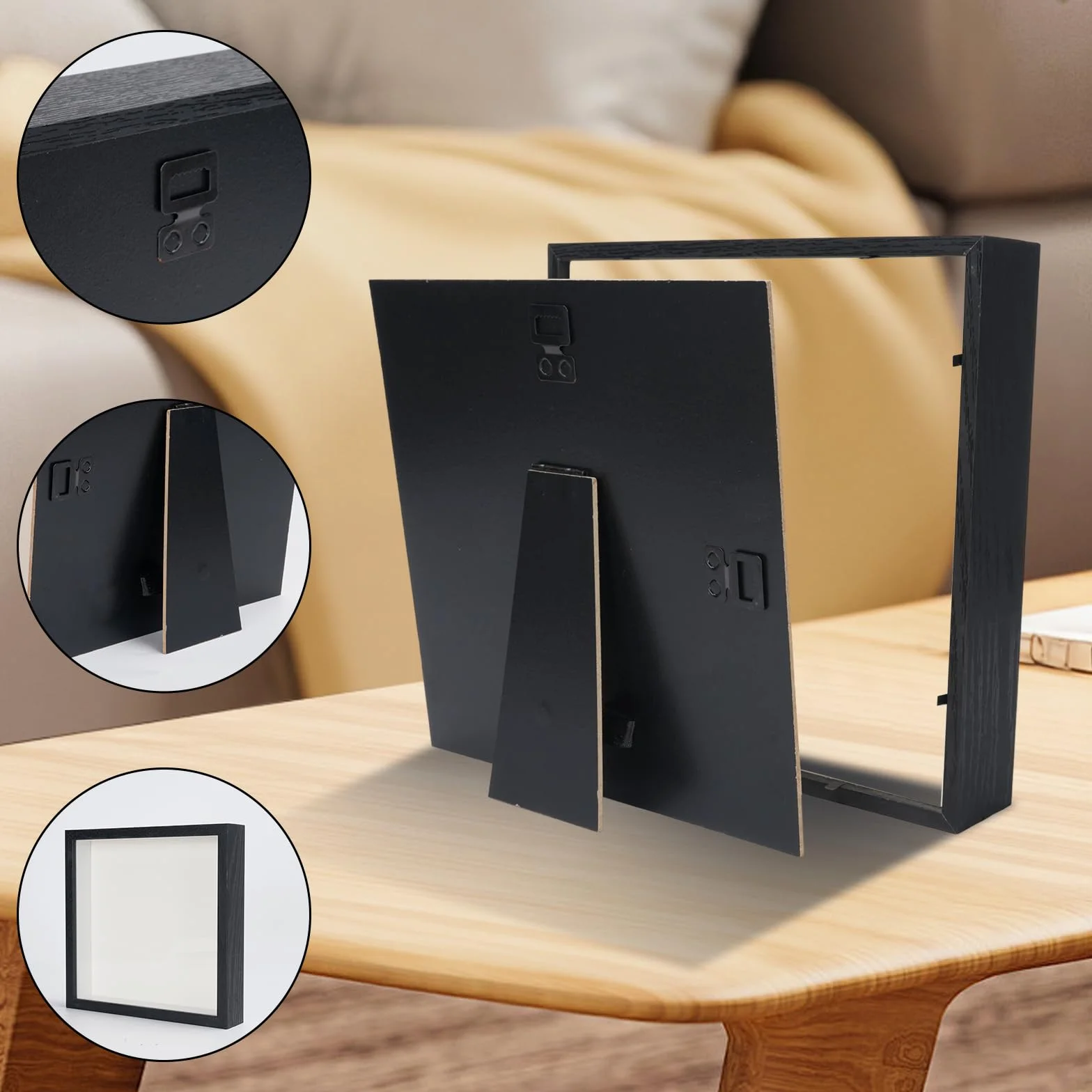 Cadre Photo 3D 22 x 22 cm Bois 3 cm Profondeur pour Mur Bureau Décoration Mariage DIY Noir