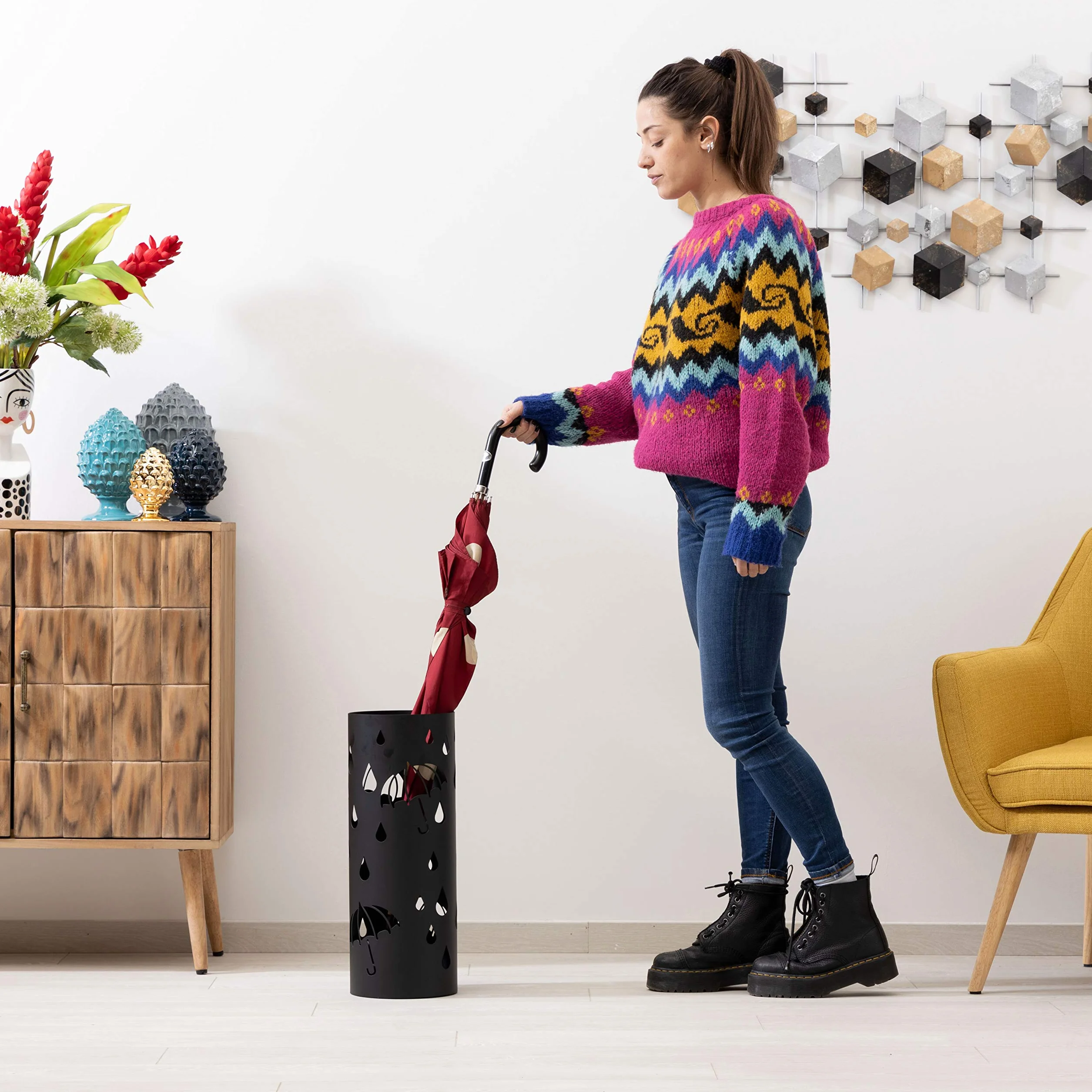 Baroni Home Porte-Parapluie Cylindrique Métal Design Moderne, Bac d'égouttement Extractible, Noir, 18,5x18,5x49 cm