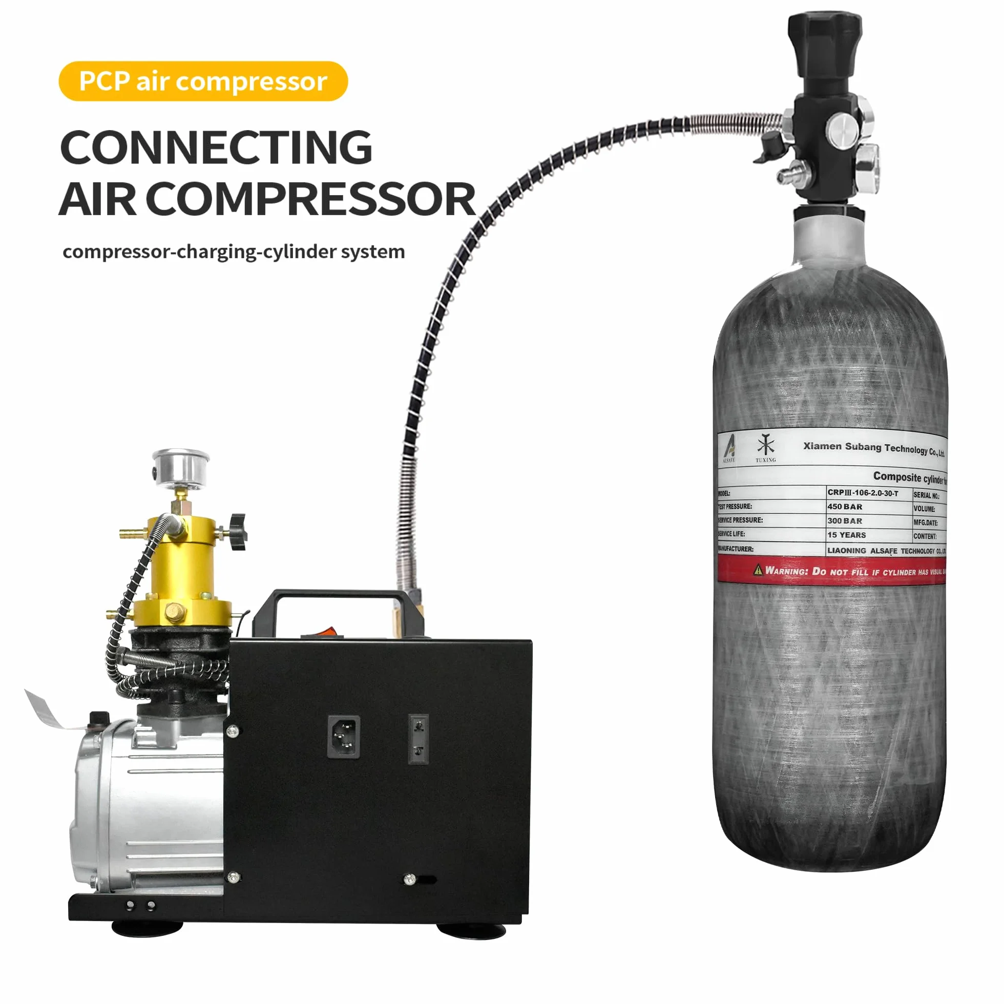 TUXING 2L/122ci 4500psi Réservoir d'air en fibre de carbone (bouteille vide) Station de remplissage Paintball avec deux manomètres jusqu'à 24 Pouces de Tuyau haute pression M18*1.5