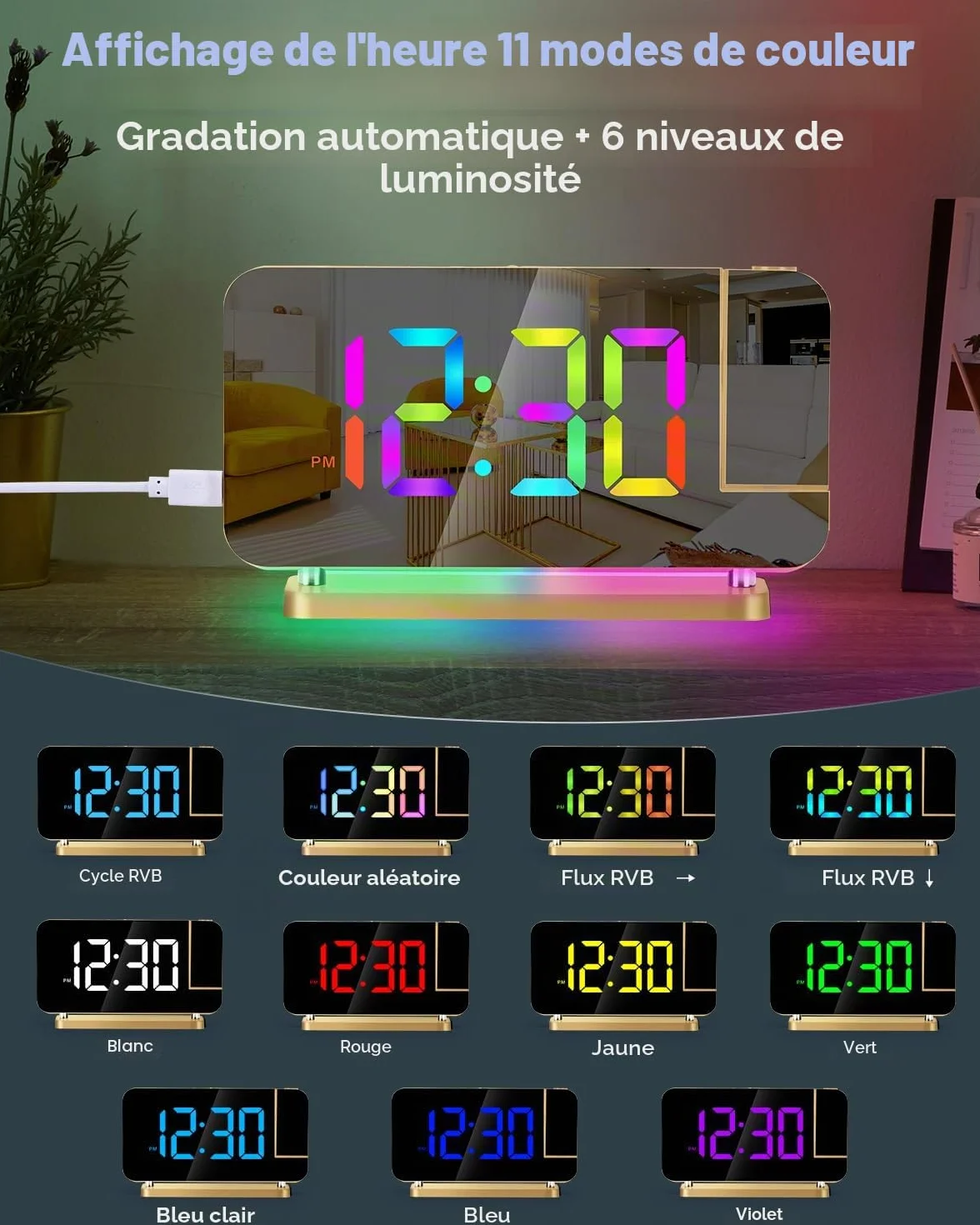 Réveil à projection Miroir LED 7,4" avec veilleuse RVB station de charge USB C projecteur rotatif 180° doré