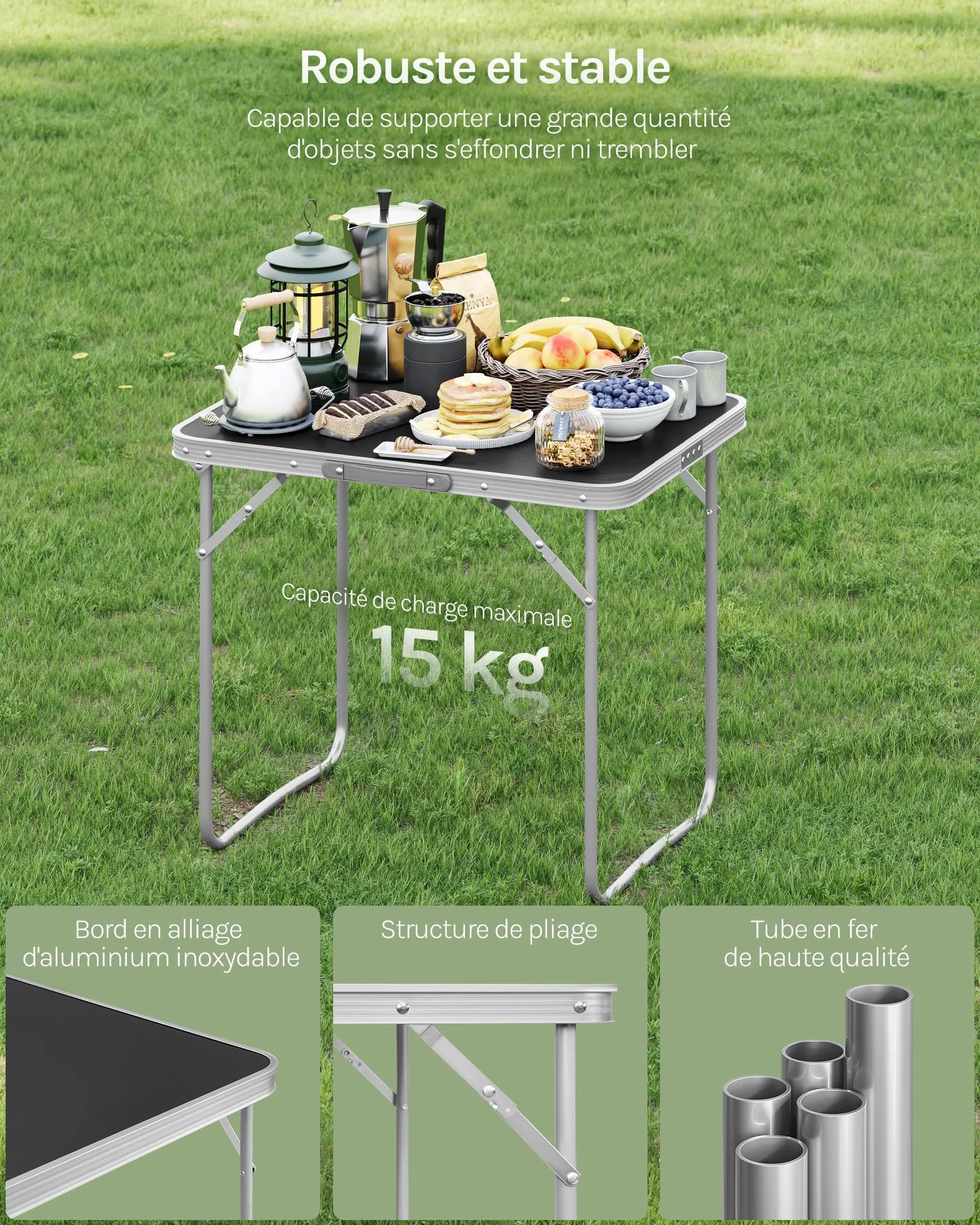 WOLTU Table de Camping Pliante Aluminium MDF 70x60x50 cm Noir