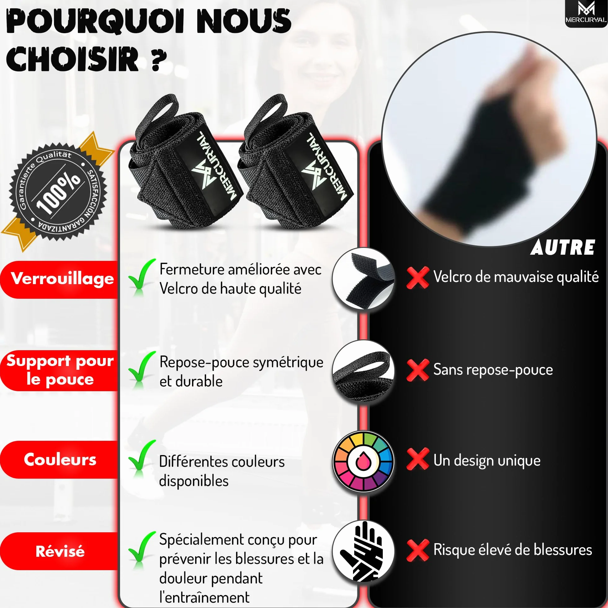 MERCURYAL Bande Poignet Musculation - Poignet Musculation - Protege Poignet Musculation - Sangle Poignet Musculation - Poignet de Forcé - Crossfit, Wrist Wraps pour Femmes et Hommes