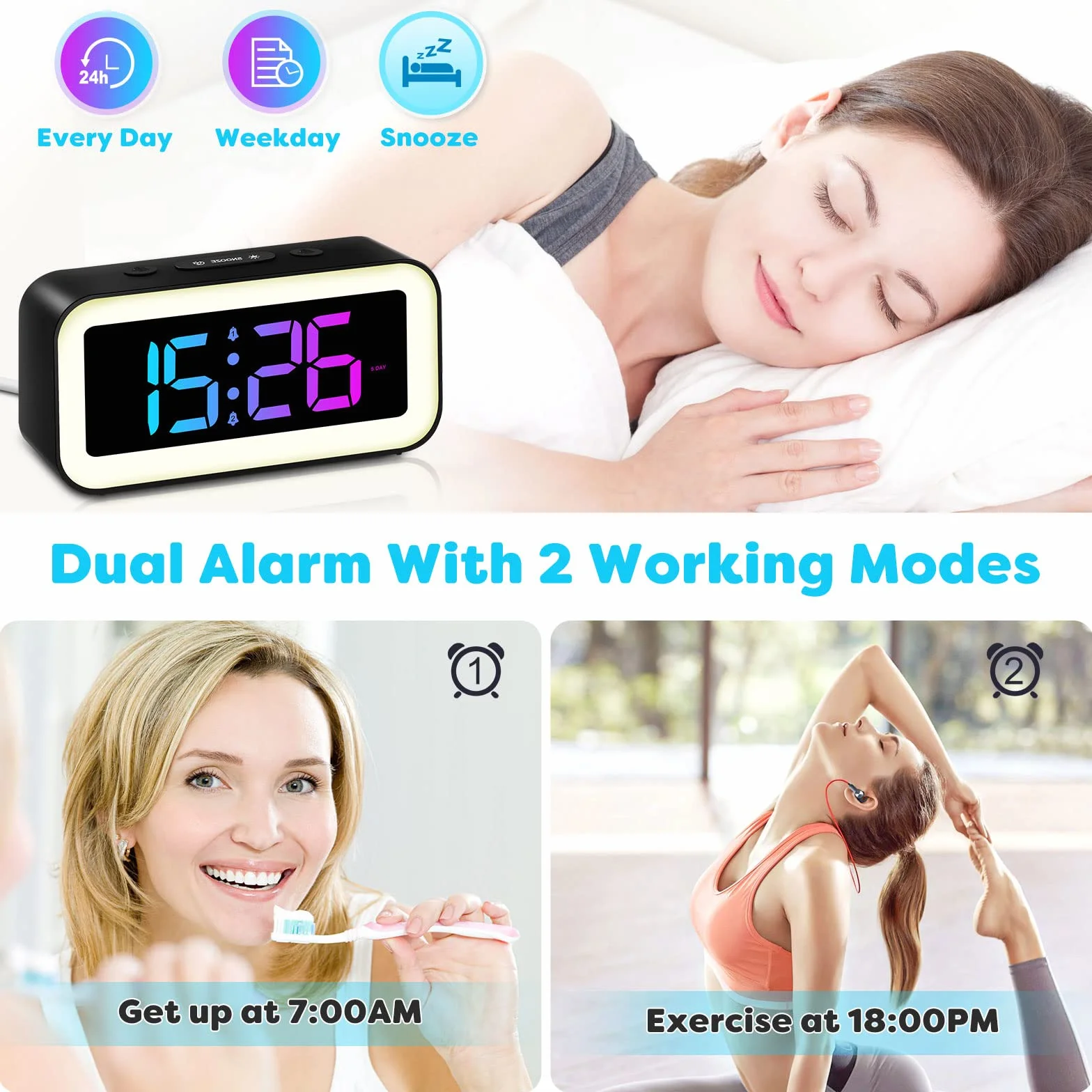 MOSUO Réveil Numérique Enfant avec Veilleuse LED 7 Couleurs, Alarme 2 Modes, Luminosité Réglable, Snooze, Commande Vocale, 12/24H, Port USB