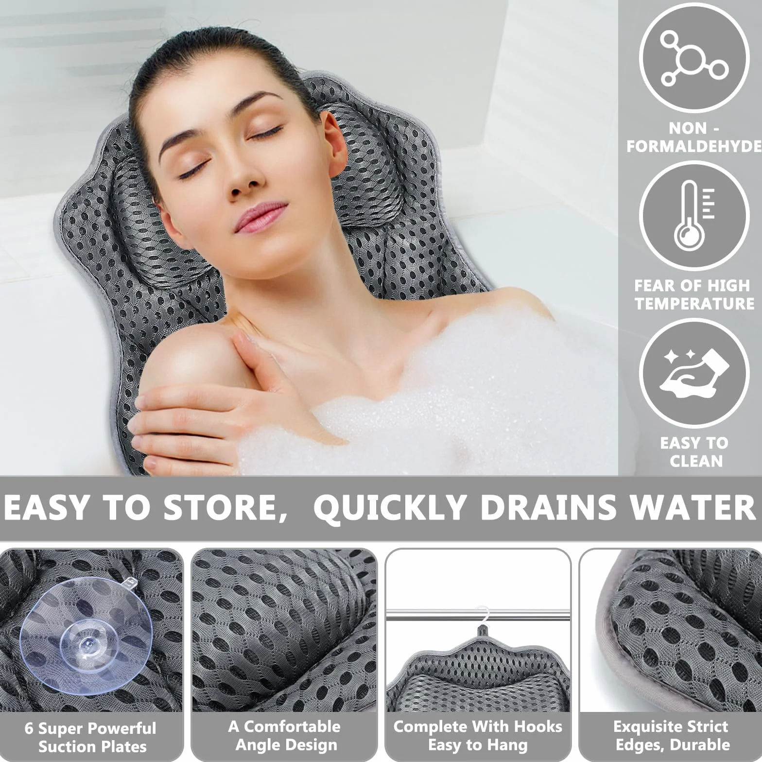 Oreiller de Bain Coussin Baignoire Technologie 4D Air Mesh 6 Ventouses Gris 41x48cm
