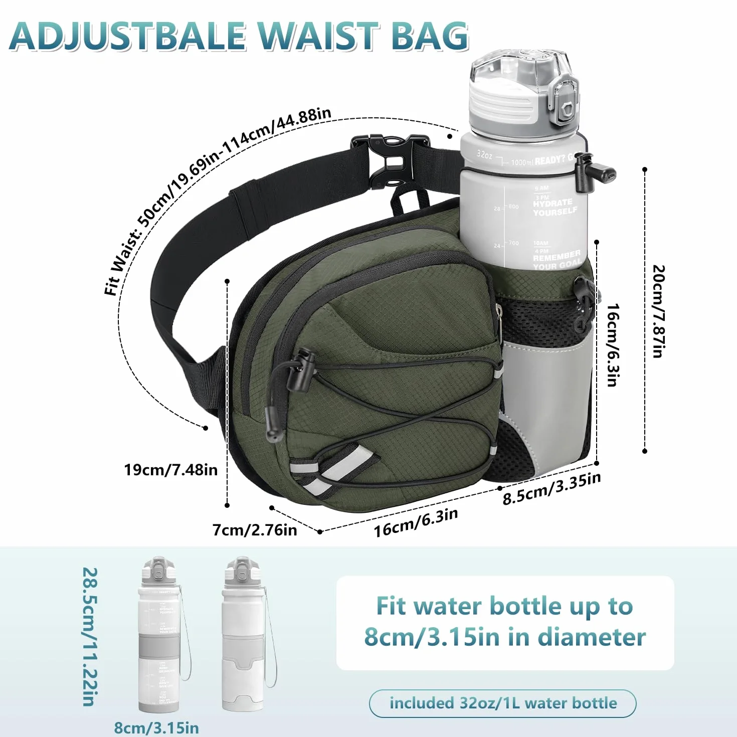 Sac Banane de Randonnée avec Porte Bouteille, Sac Ceinture Banane Femme et Homme, Sacoche Banane de Sport Ceinture pour Voyage Cyclisme Course Chien(avec 1L Gourde)