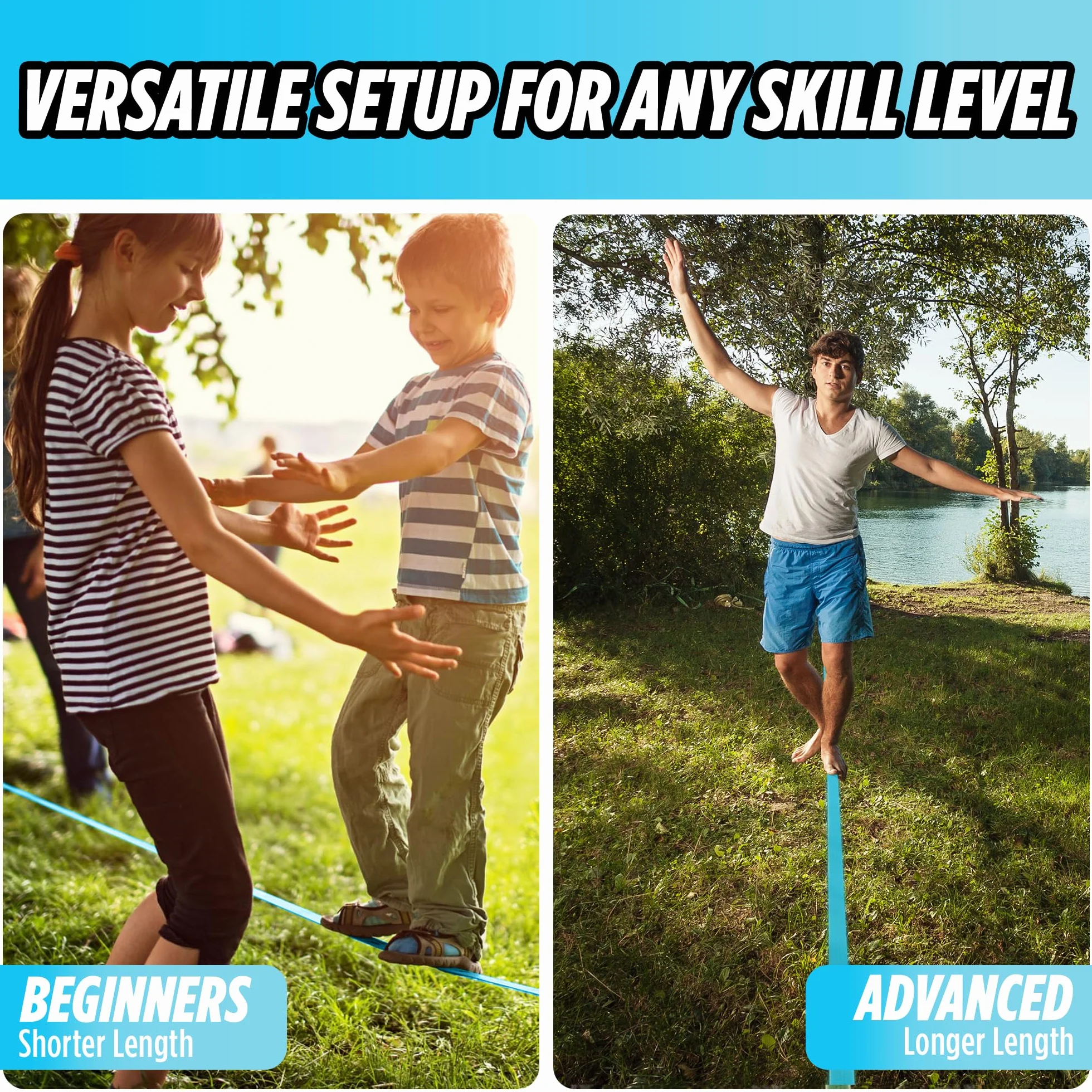 Premium Slackline Kit - Slackline Set 15 m avec Protecteurs d’Arbre Couvertures à Cliquet + Sac de Transport - Parfait Activité Fun en Plein air pour Les Enfants et la Famille