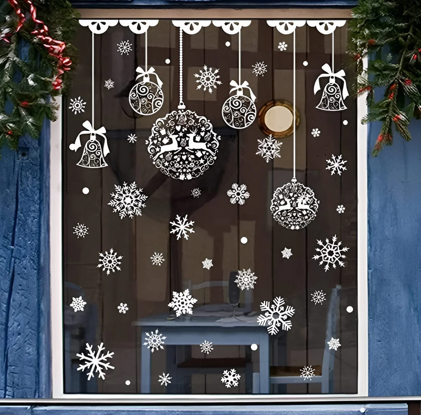 Autocollant fenêtre Noël réutilisable XXL Boules de Noël Flocons de Neige Blanc Décoration Vitres Vitrine Électrostatique Grande