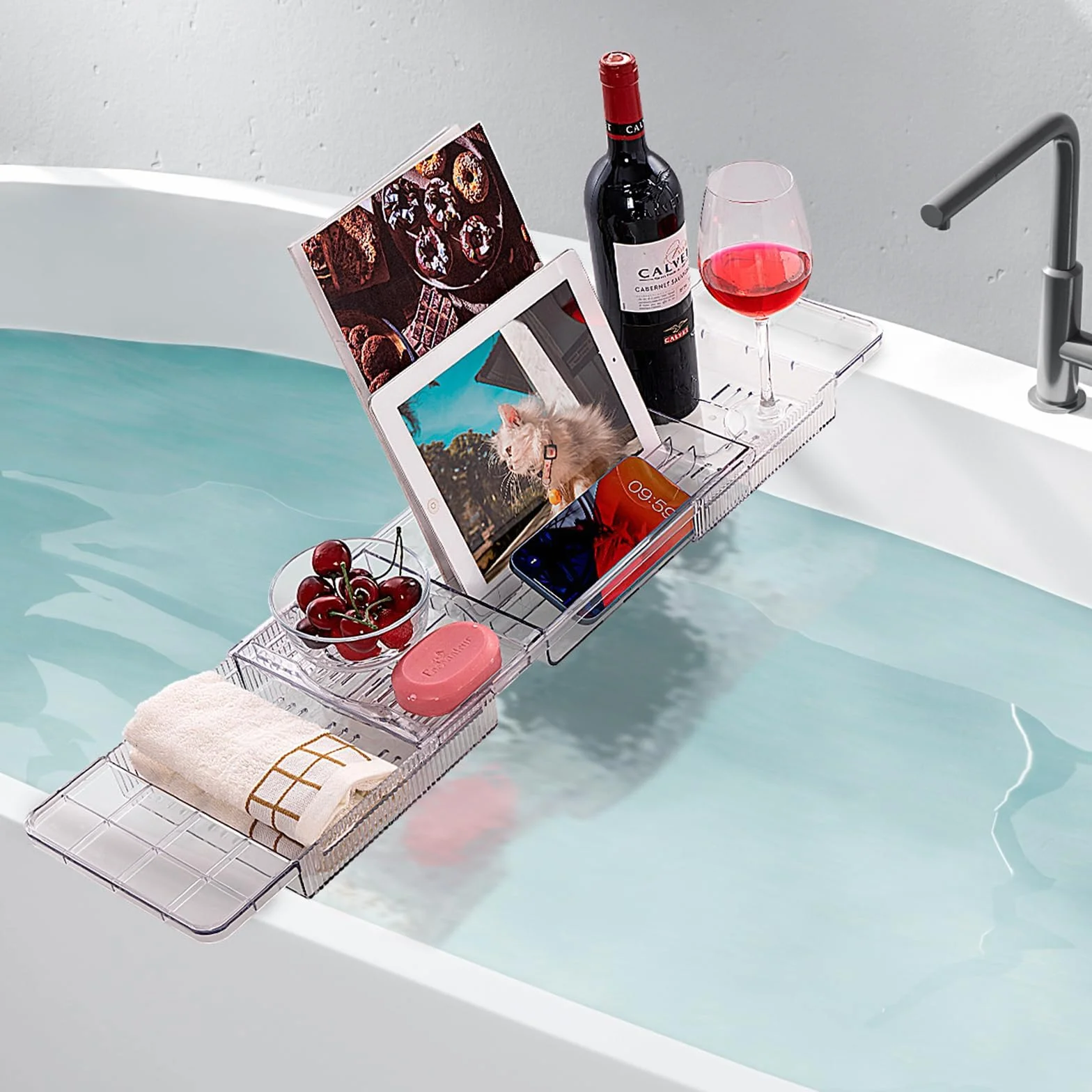 Plateau Baignoire Coulissant en Acrylique, Accessoire de Bain pour IPad Téléphone Verre Bougie