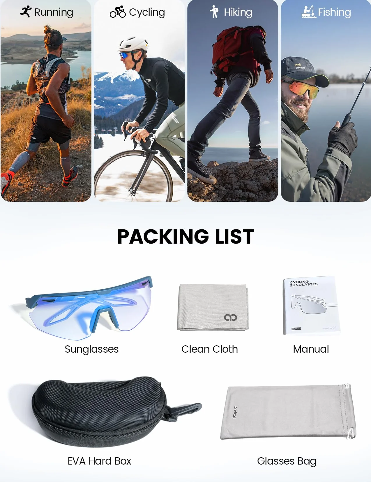 Lamicall Fotocromáticas Gafas Ciclismo Hombre - [3S Fotocromática] [28g Ultraligero-TR90] UV400 Protección, Almohadilla Nasal Ajustable, Gafas de Sol Deportivas Mujeres para Pesca/Running/Senderismo