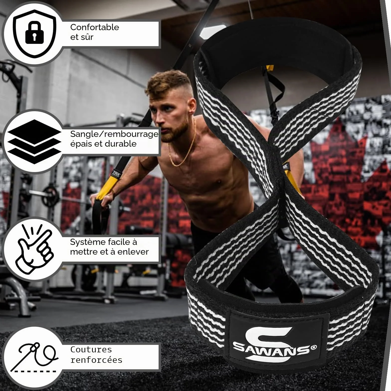 Sangles de levage rembourrées avec poignée en forme de 8 sangles de poignet robustes à double boucle pour entraînement de musculation, barre de main antidérapante pour soulevé de terre, poignets