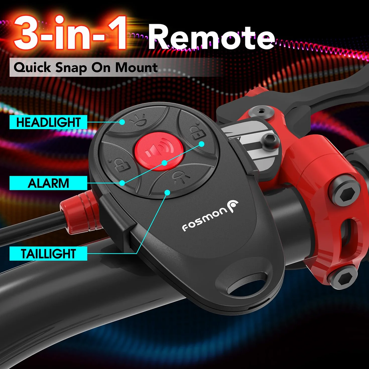 Fosmon – Alarme et Lumière Avant et Arrière pour Vélo et Trottinette avec Télécommande - Alarme Antivol 110 DB – Lampe Velo Avant et Arriere - pour Bicyclette Électrique, Moto, Trottinette Electrique