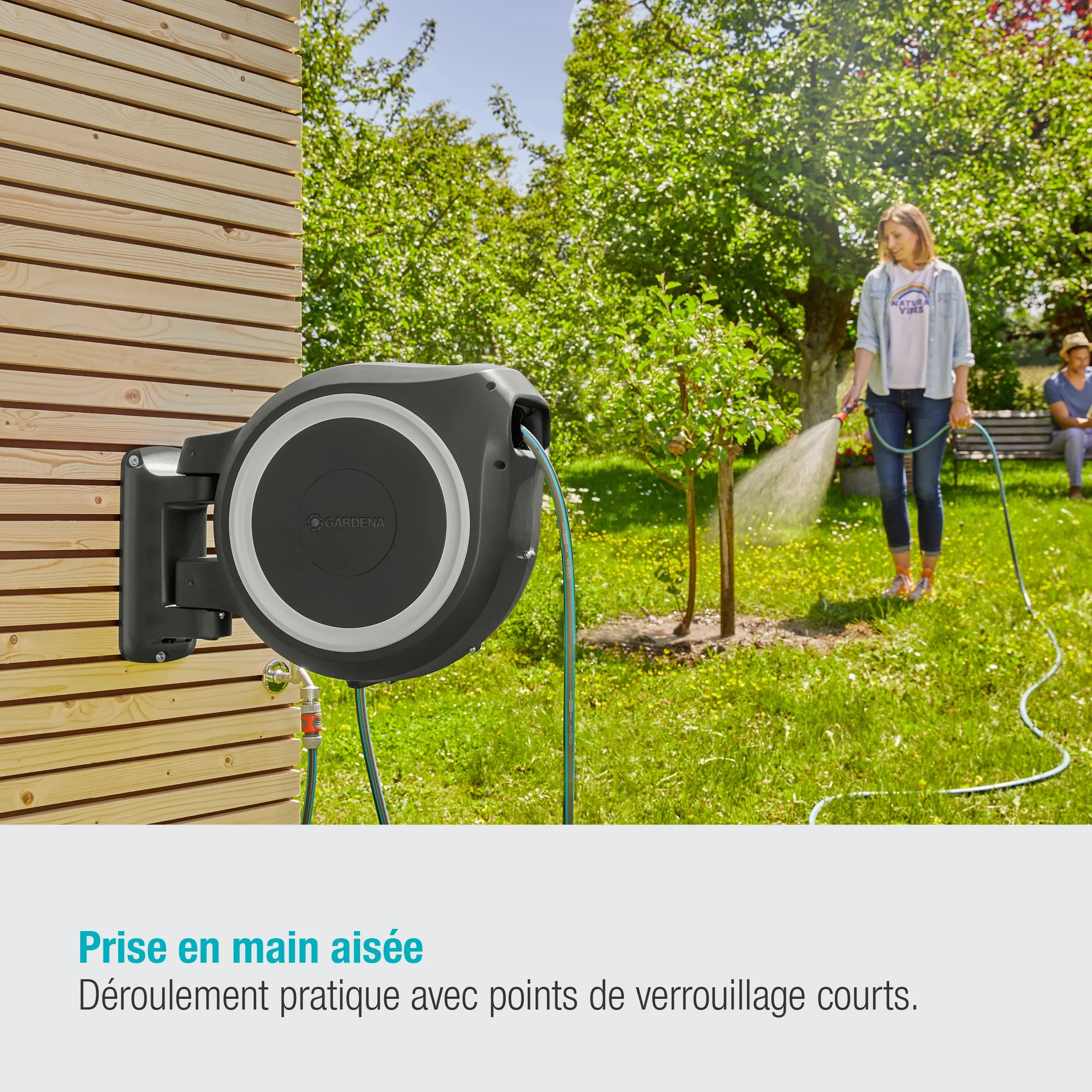 Gardena Enrouleur de Tuyau Mural Rollup L 30m Ø13mm Dévidoir pivotant 180° Kit Complet Lance Raccord Tuyau Support Mural Inclus
