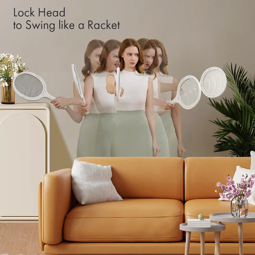 GeckoMan Raquette Électrique Anti Moustique Rechargeable avec Tête Rotative et Extension Télescopique