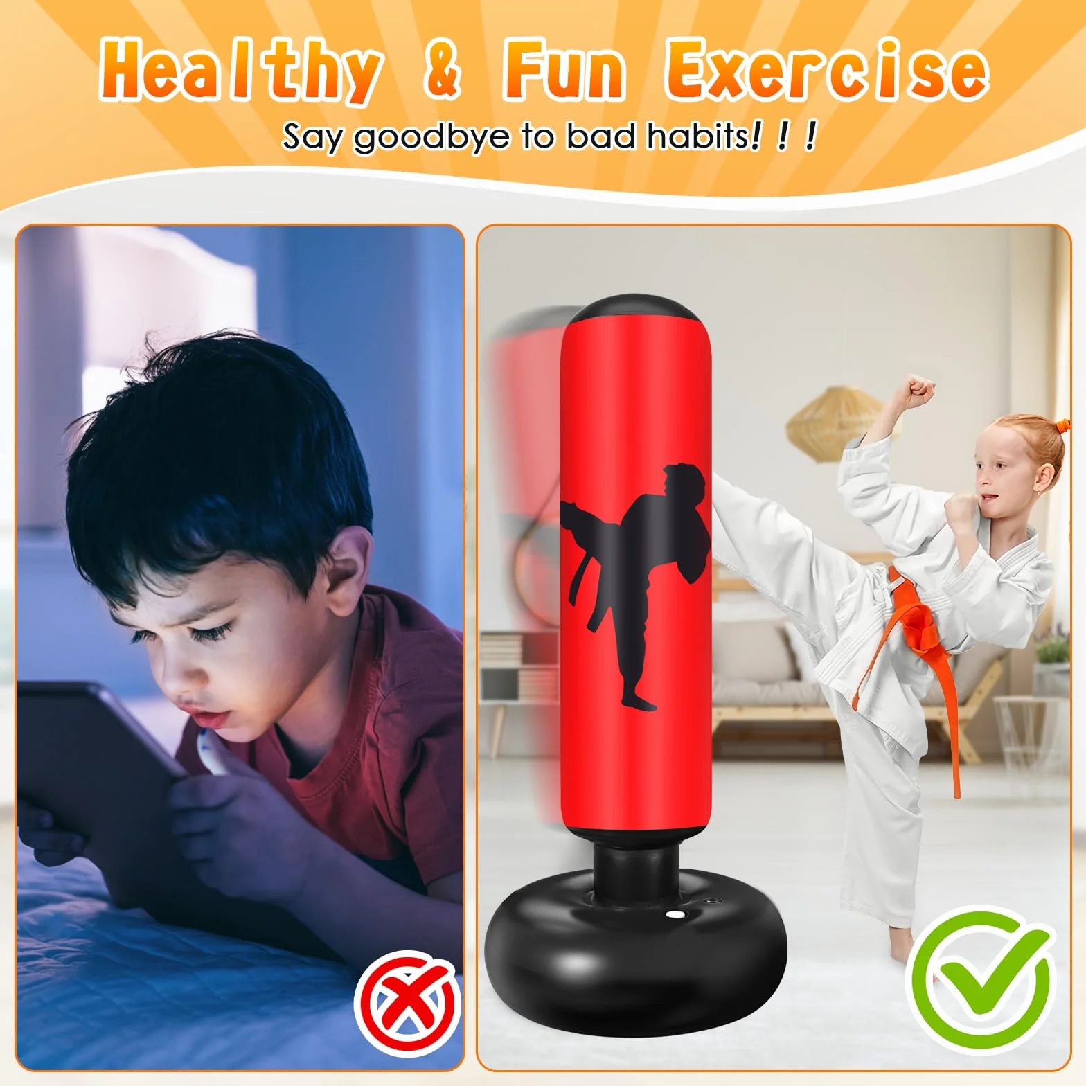 Ninonly Sac de Frappe Enfant 160cm avec Gants et Pompe Punching Ball Enfants pour Karaté Taekwondo Idéal pour Garçons et Filles de 3 à 12 Ans Punching Ball Bureau Parfait