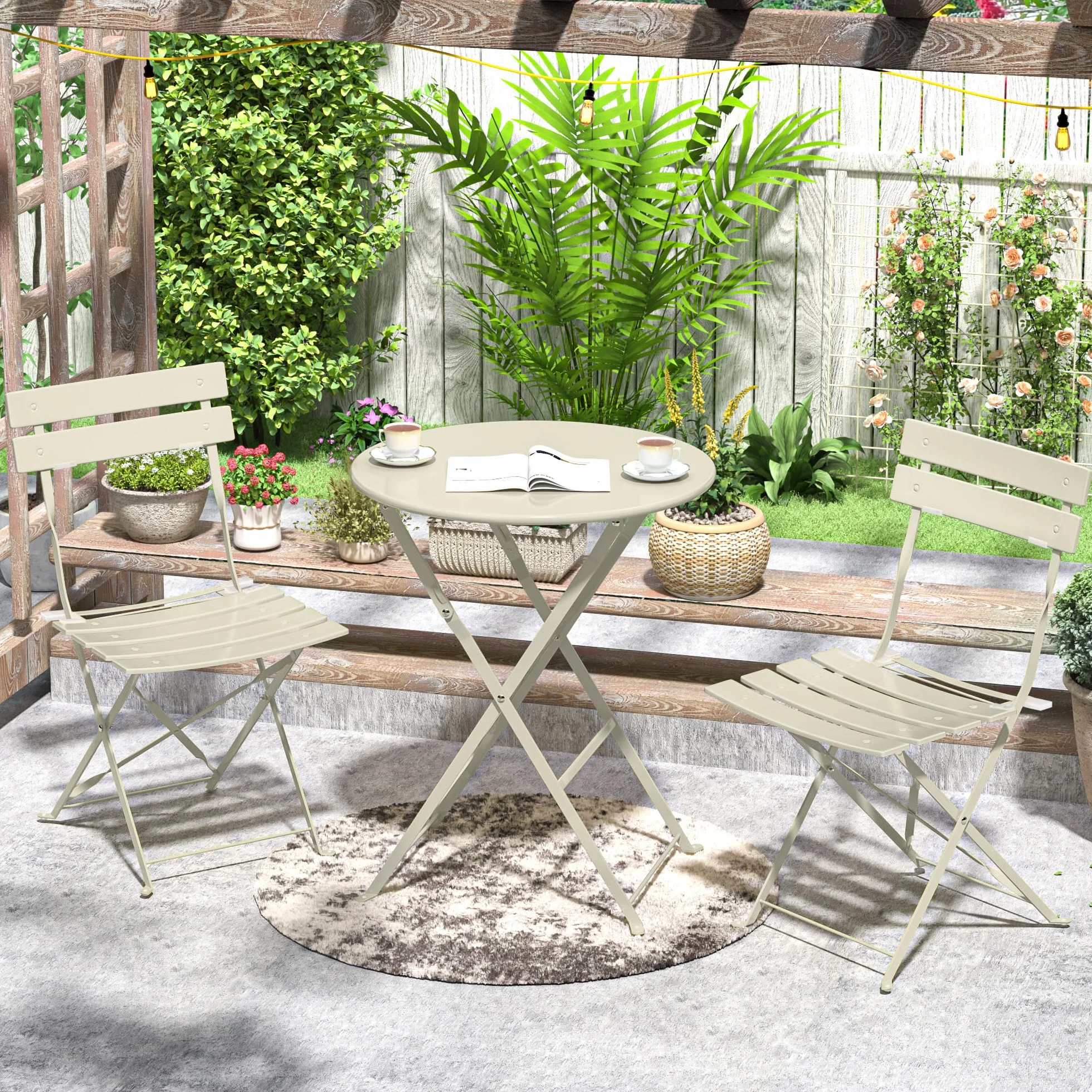 Lot de 3 Meubles de Jardin Pliables, Table de Bistrot avec 2 Chaises, Résistants aux Intempéries, Abricot