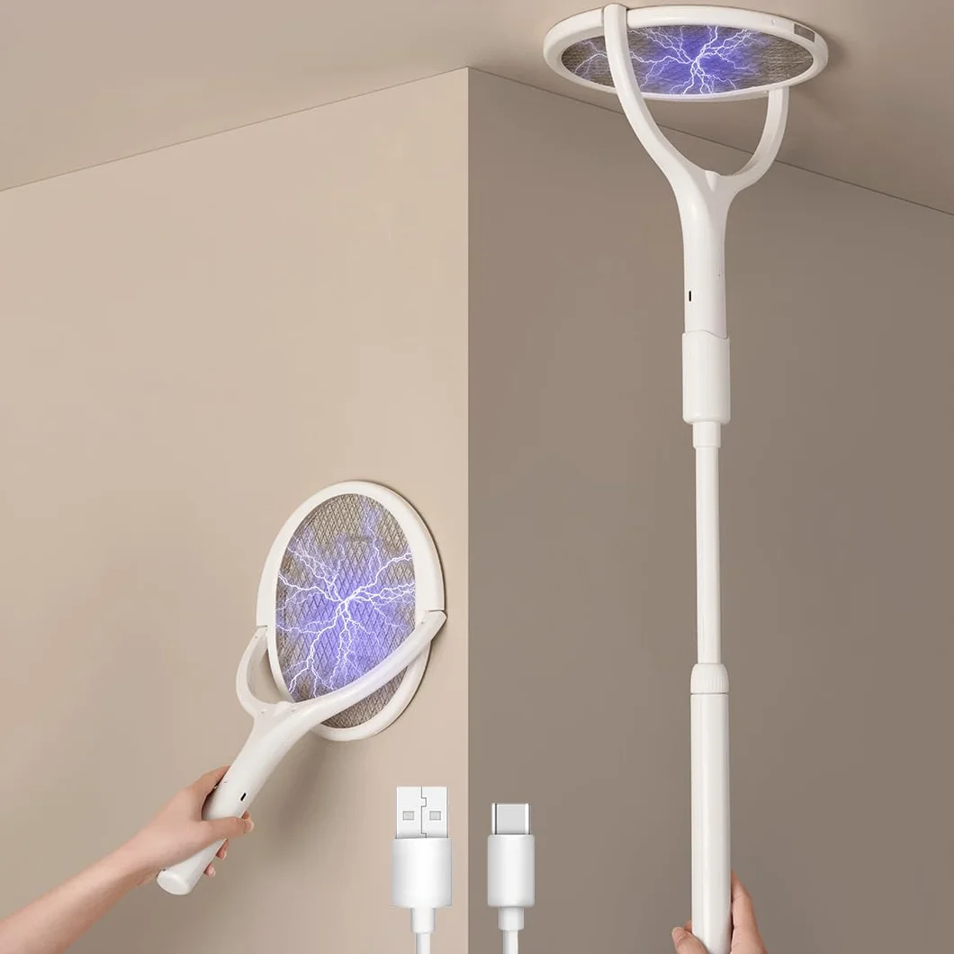 GeckoMan Raquette Électrique Anti Moustique Rechargeable avec Tête Rotative et Extension Télescopique