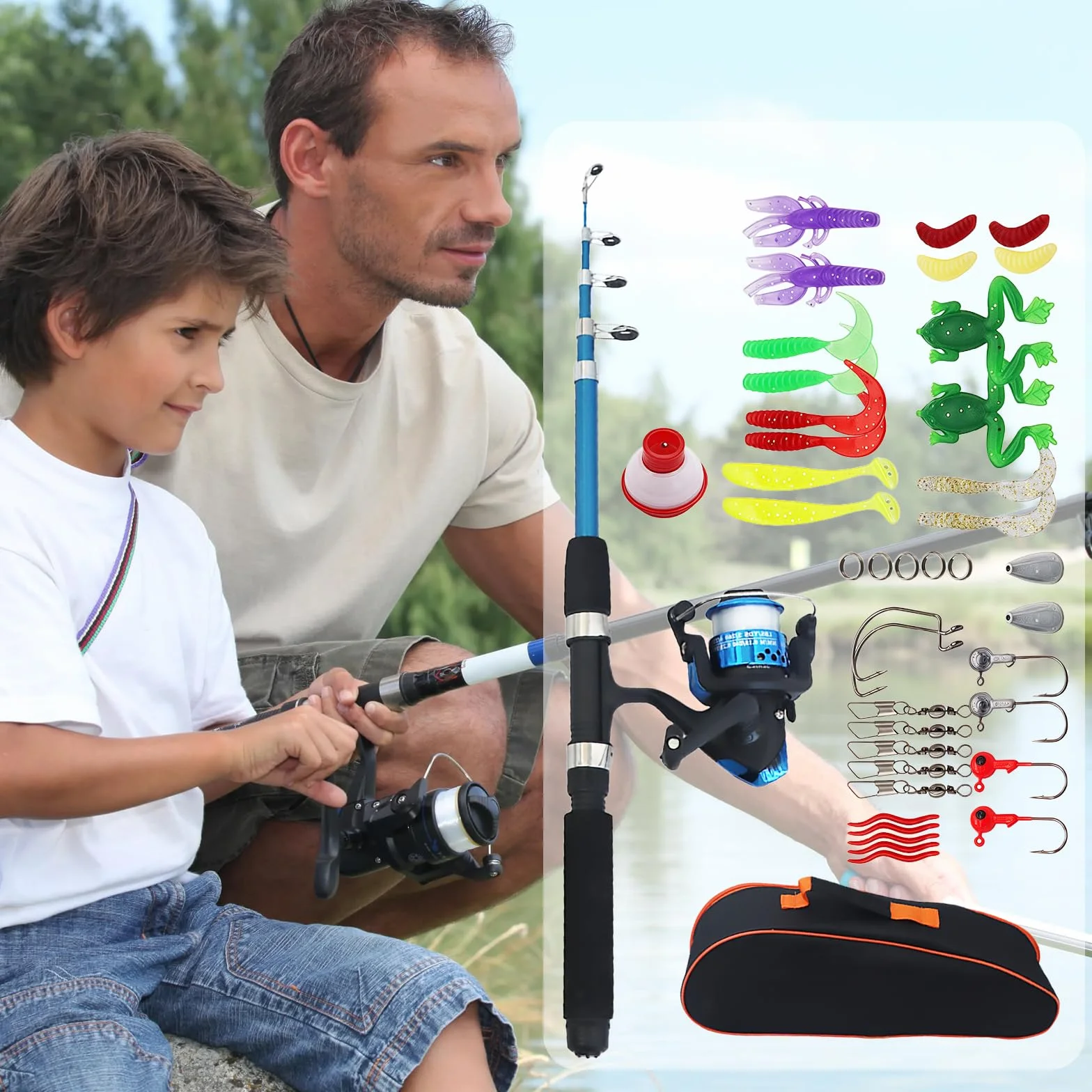 Kit De Pêche pour Enfant: Kit De Canne à Pêche Télescopique, avec Moulinet, Leurres Et Sac De Transport, 1.5m Combo Télescopique Canne Et Moulinet, Canne à Pêches pour Débutants (Bleu)