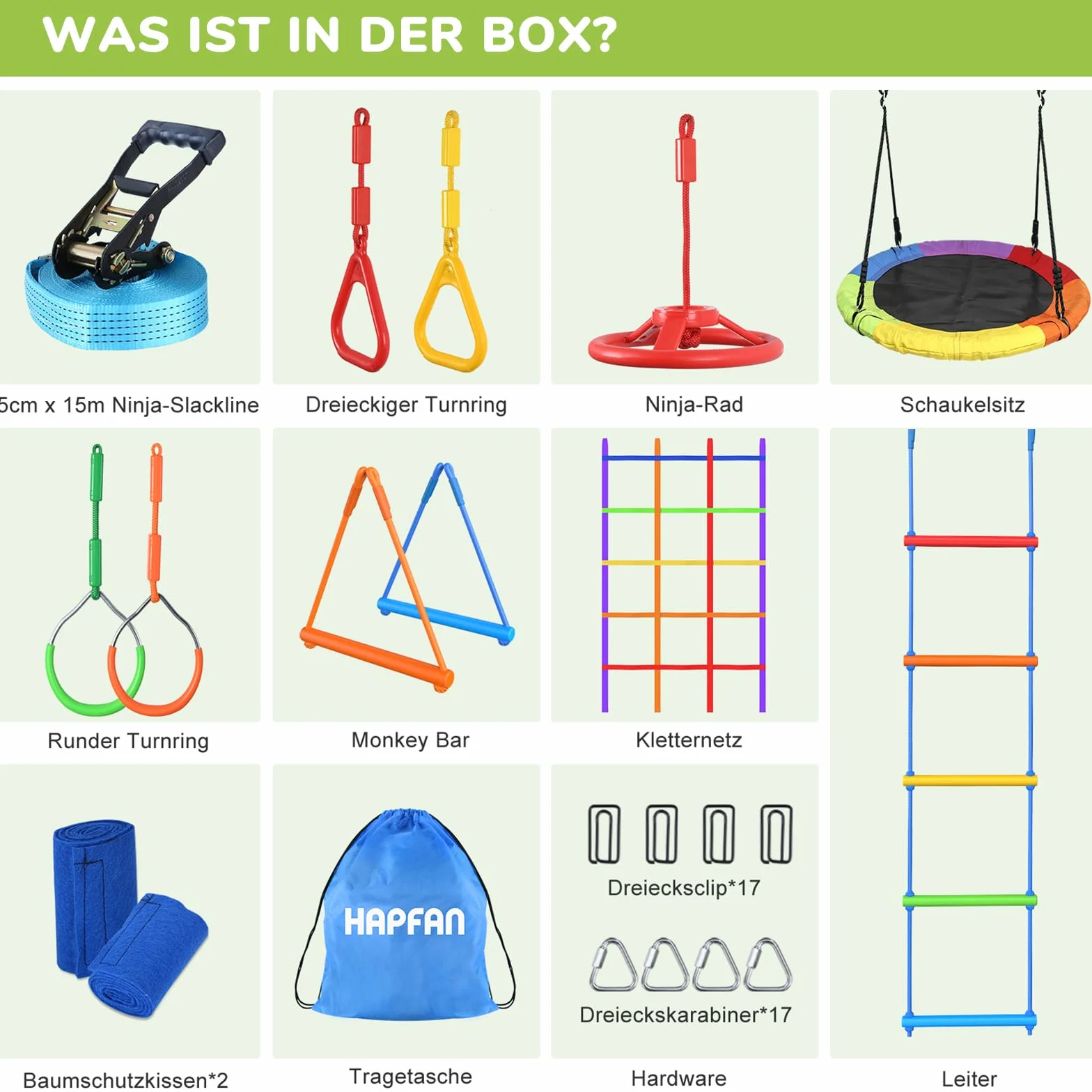 Hapfan Kit d'extérieur, pour enfant, de 15 m, avec poulie de corde, parcours ninja et balançoire, filet d'escalade, échelle d'escalade, anneau de gymnastique, protection des arbres, bleu