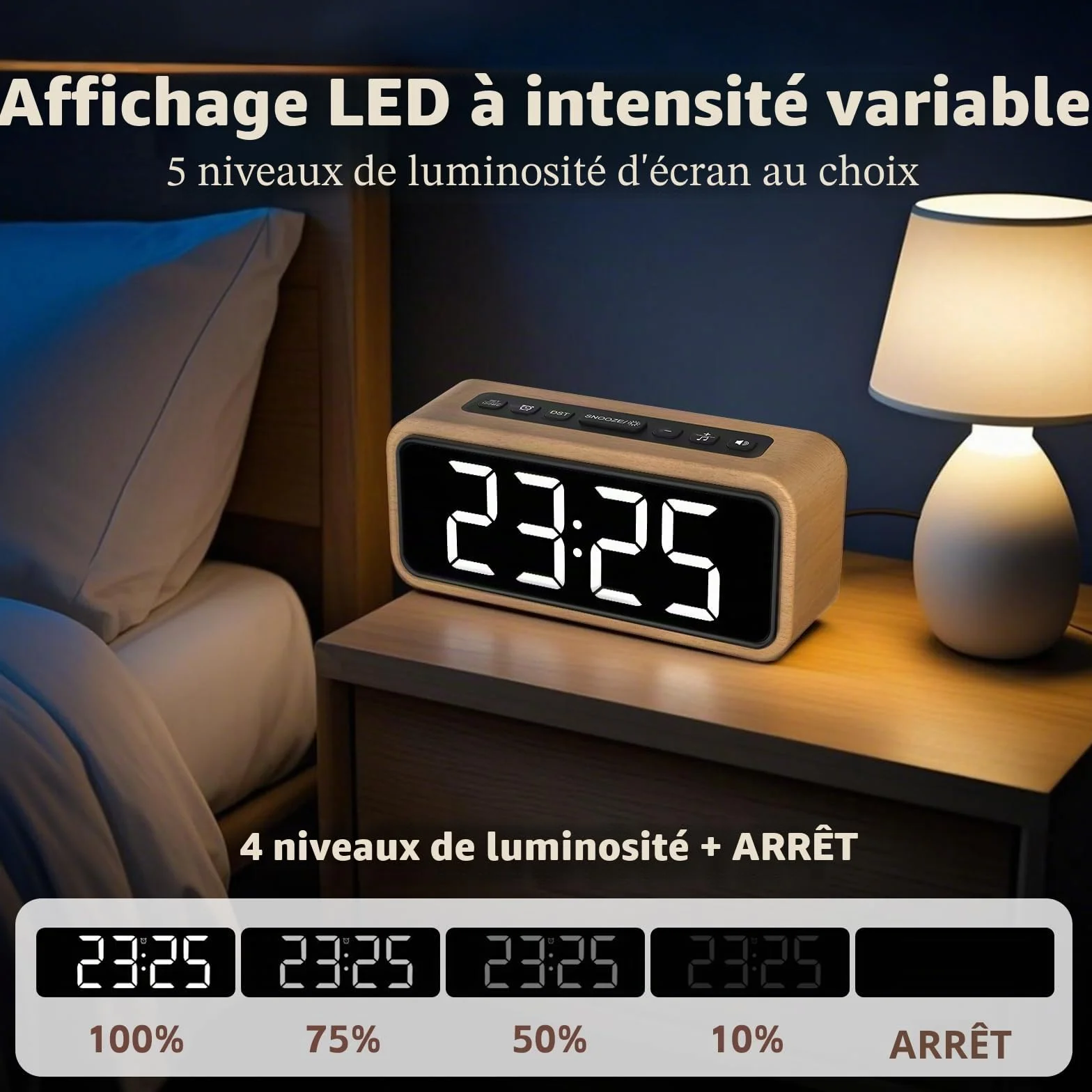 Réveil Rétro en Bois avec Affichage LED, 12 Sonneries d'Alarme, 5 Niveaux de Luminosité, Volume Réglable, Hêtre Blanc