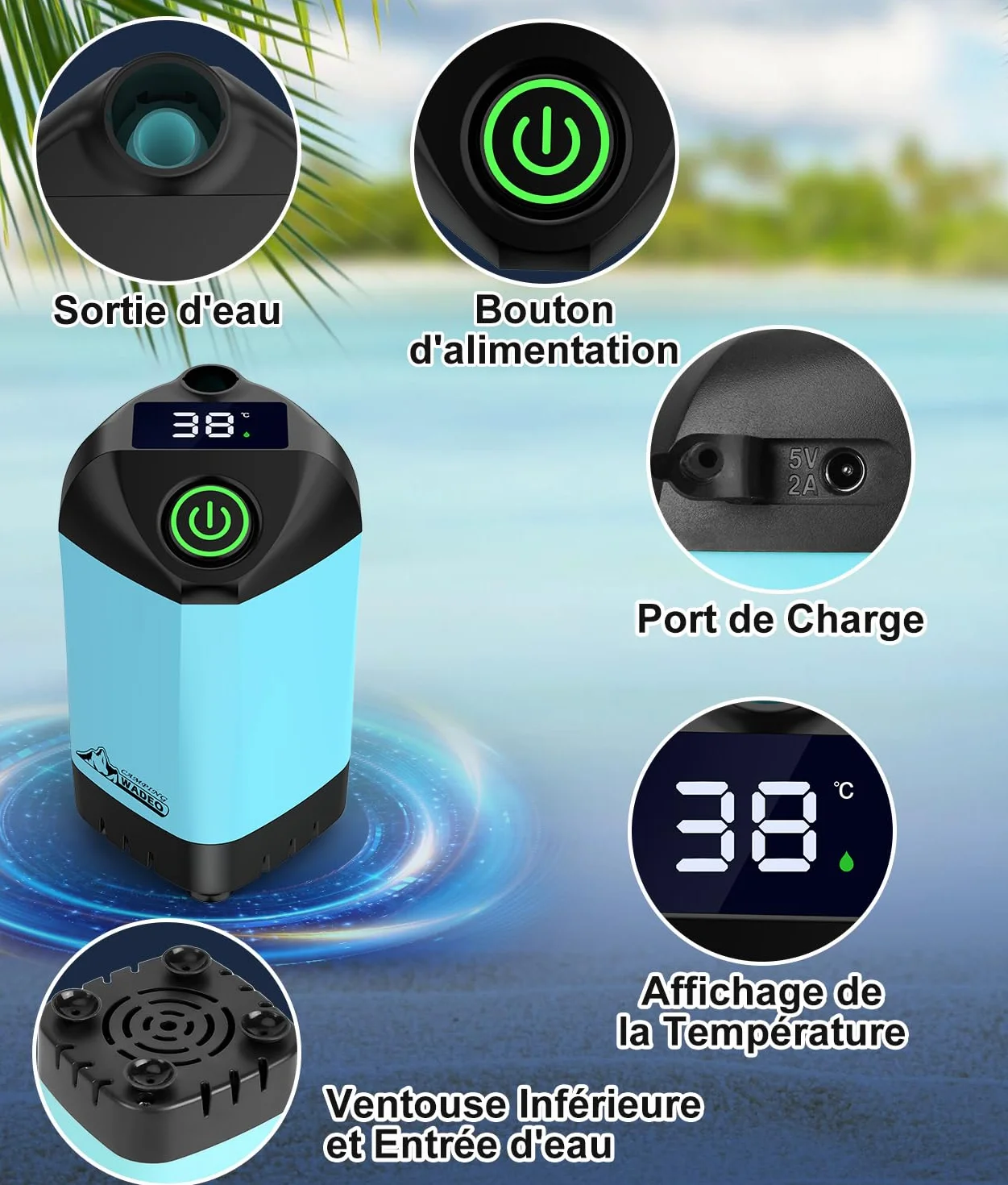 WADEO Kit Douche de Camping, Pompe de Douche Électrique Rechargeable, Pommeau de Douche avec Affichage Intelligent de Température et Pression d'eau Réglable