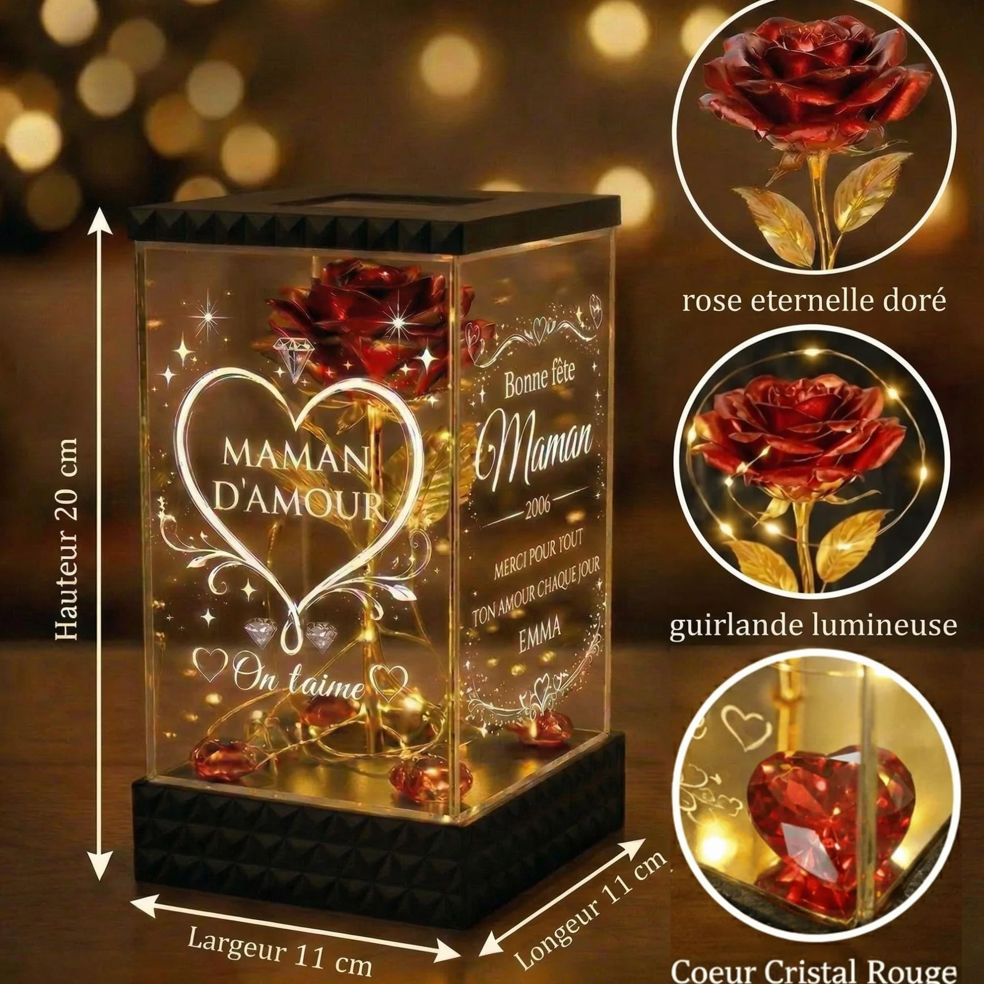 Rose Lumineuse Personnalisée Maman - Cadeau Fête des Mères Original, Lanterne LED 4 Faces Gravées, Rose Rouge Dorée avec Prénom