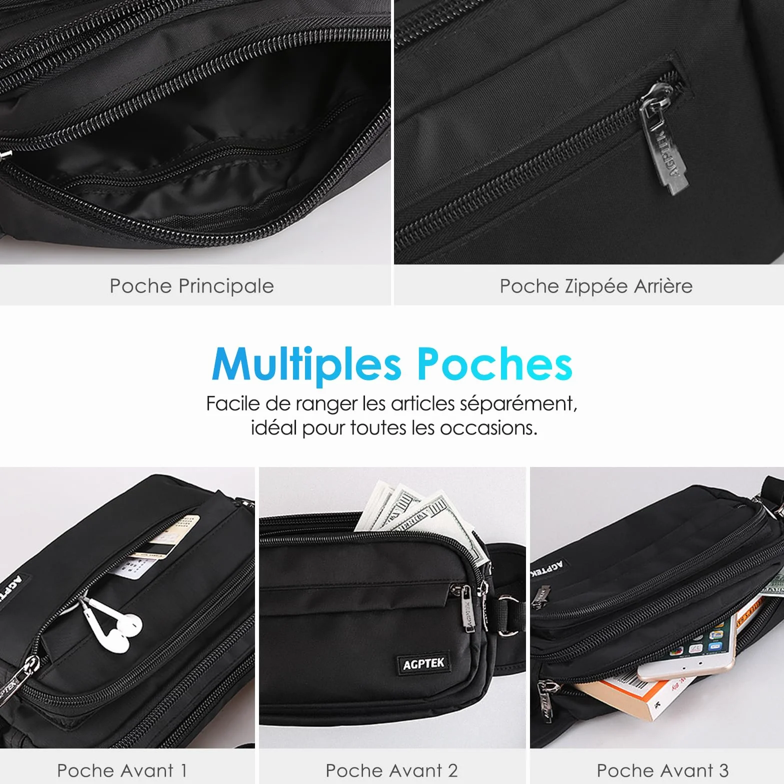 AGPTEK Sac Banane Ceinture de Course Homme Femme Outdoor Sport, Sac Sacoche Banane Capacité Grande avec Multiples Poches et Ceinture Réglable pour Voyage, Randonnée,Escalade, Jogging, Randonnée
