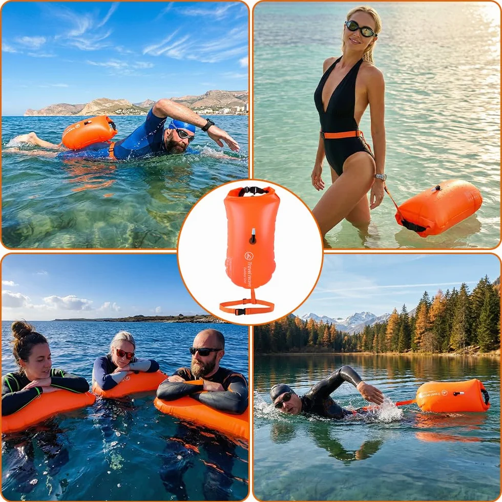 20L Bouee nage Eau Libre, Bouée Natation Eau Libre avec Sac étanche, Bouées gonflables adaptées à la Navigation en Eau Libre et au Triathlon, Pochette étanche pour téléphone Incluse, Orange